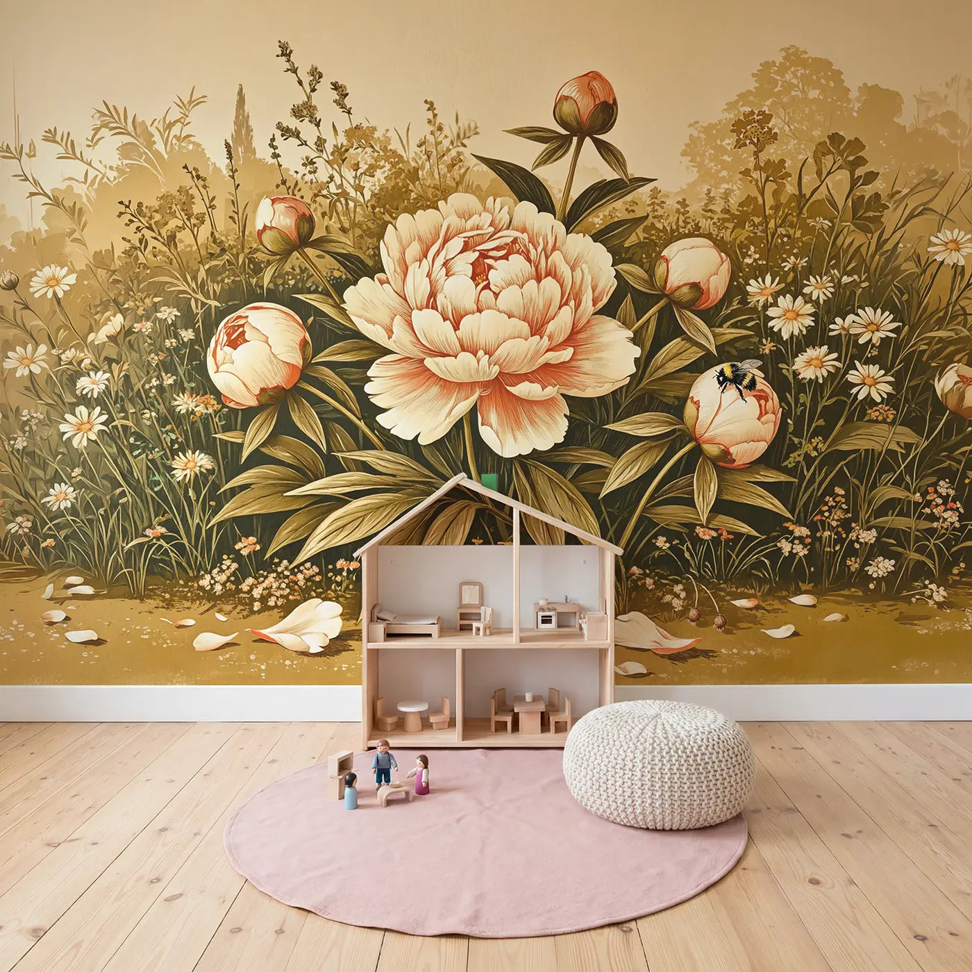 Oversized Peony Bloom Wallpaper Mural in playroom setting by Whimsy Tots