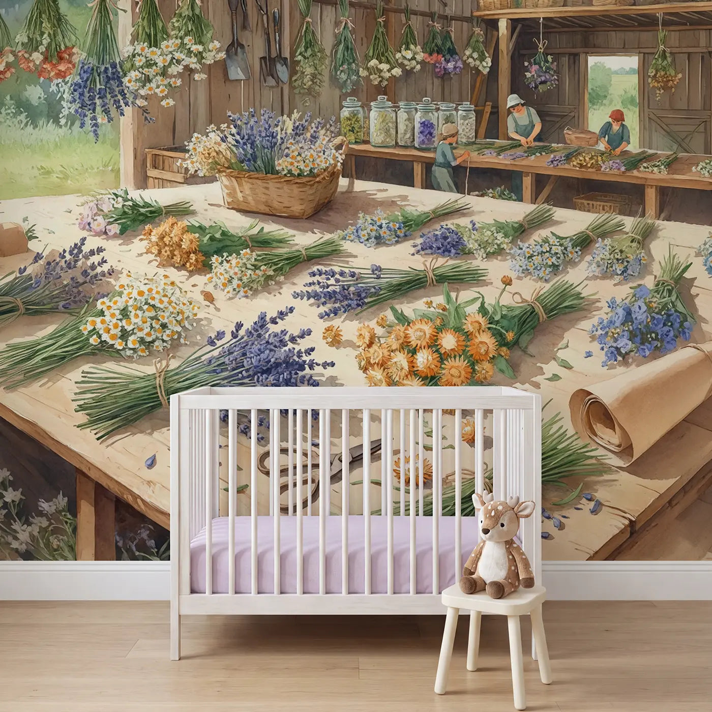 Watercolor barn dried flower harvest wallpaper mural for kids room by Whimsy Tots