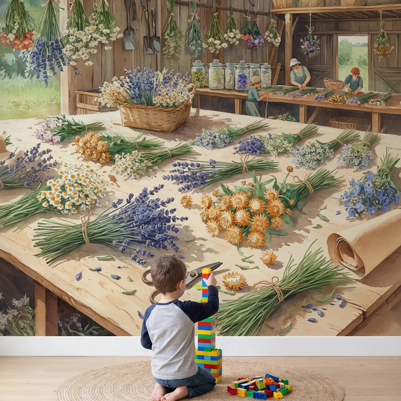 Child in nursery with Barn Dried Flower Harvest Wallpaper Mural by Whimsy Tots