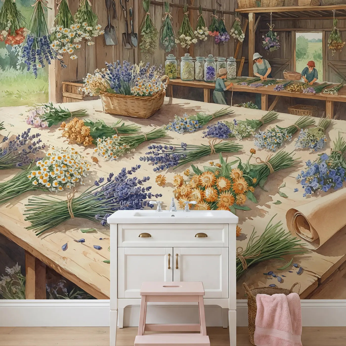 Barn Dried Flower Harvest Wallpaper Mural in playroom setting by Whimsy Tots