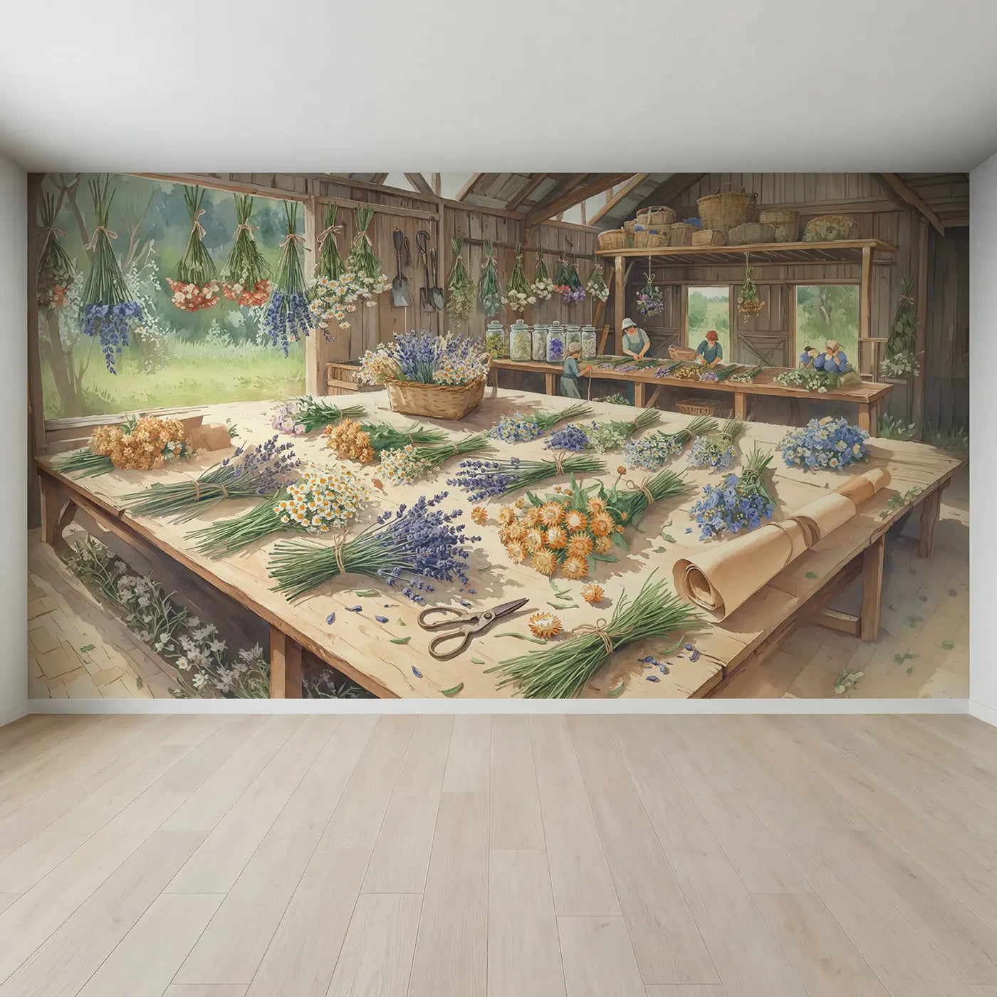 Full view of Barn Dried Flower Harvest Wallpaper Mural by Whimsy Tots