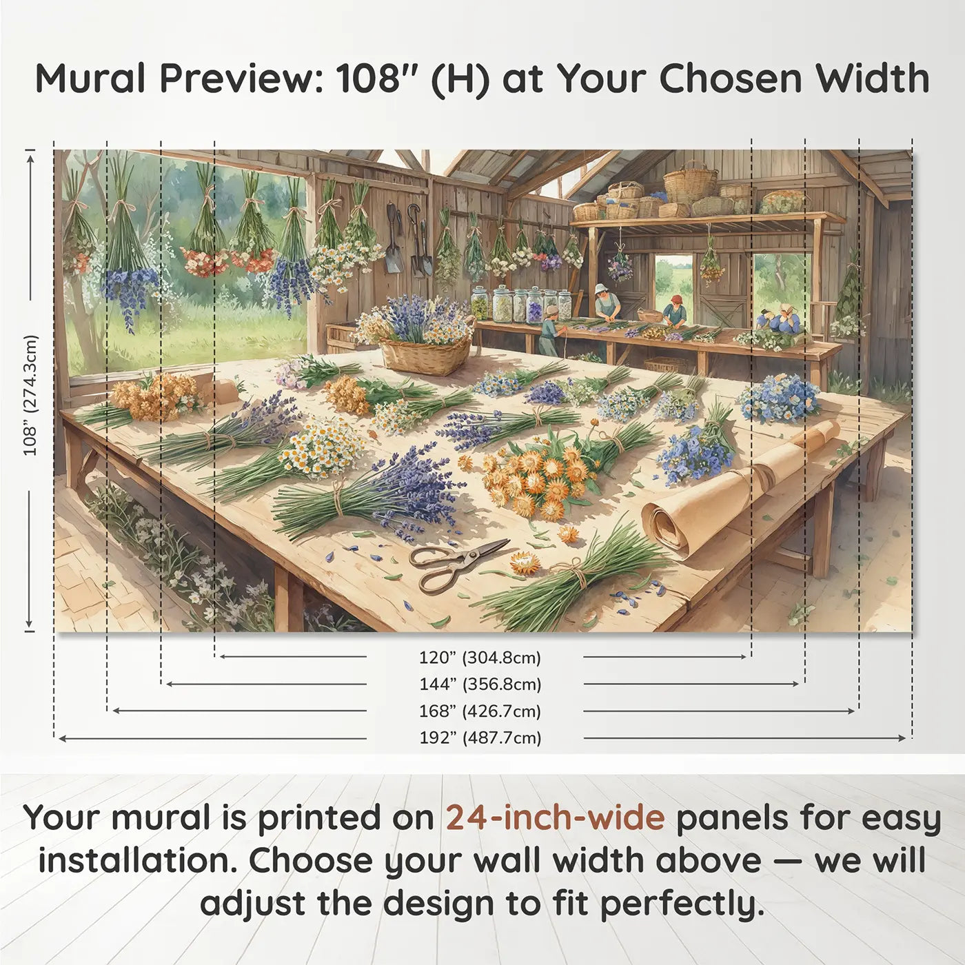 Panel layout and dimensions for Barn Dried Flower Harvest Wallpaper Mural by Whimsy Tots