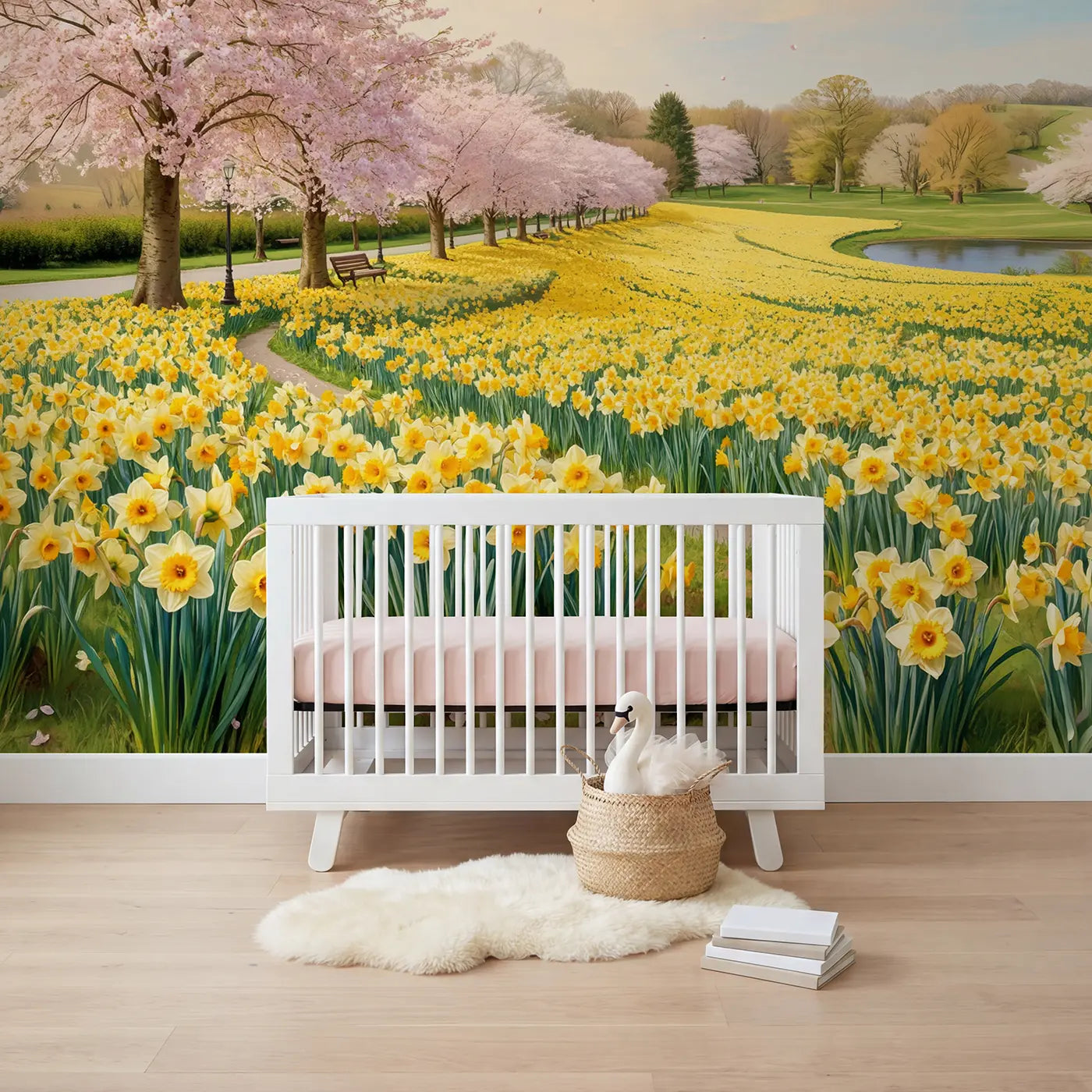 Soft pastel cherry blossom and wildflower wallpaper mural for nursery by Whimsy Tots