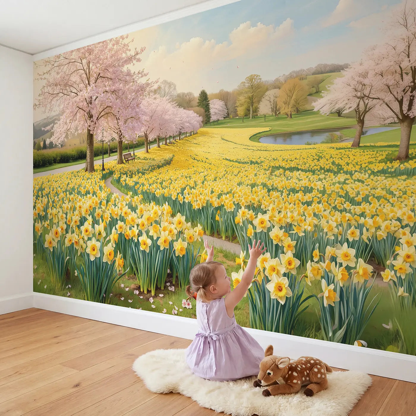 Child in nursery with Cherry Blossom Daffodil Hill Wallpaper Mural by Whimsy Tots