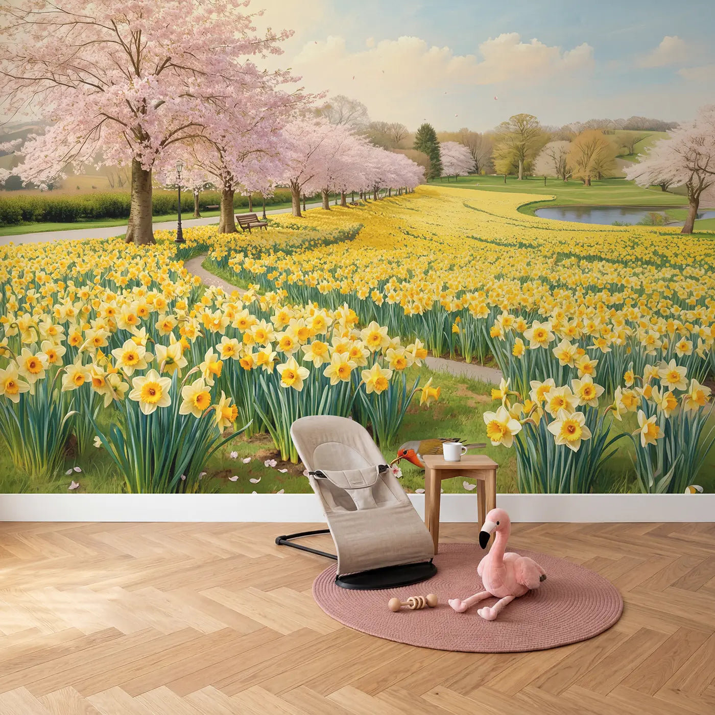 Cherry Blossom Daffodil Hill Wallpaper Mural in playroom setting by Whimsy Tots