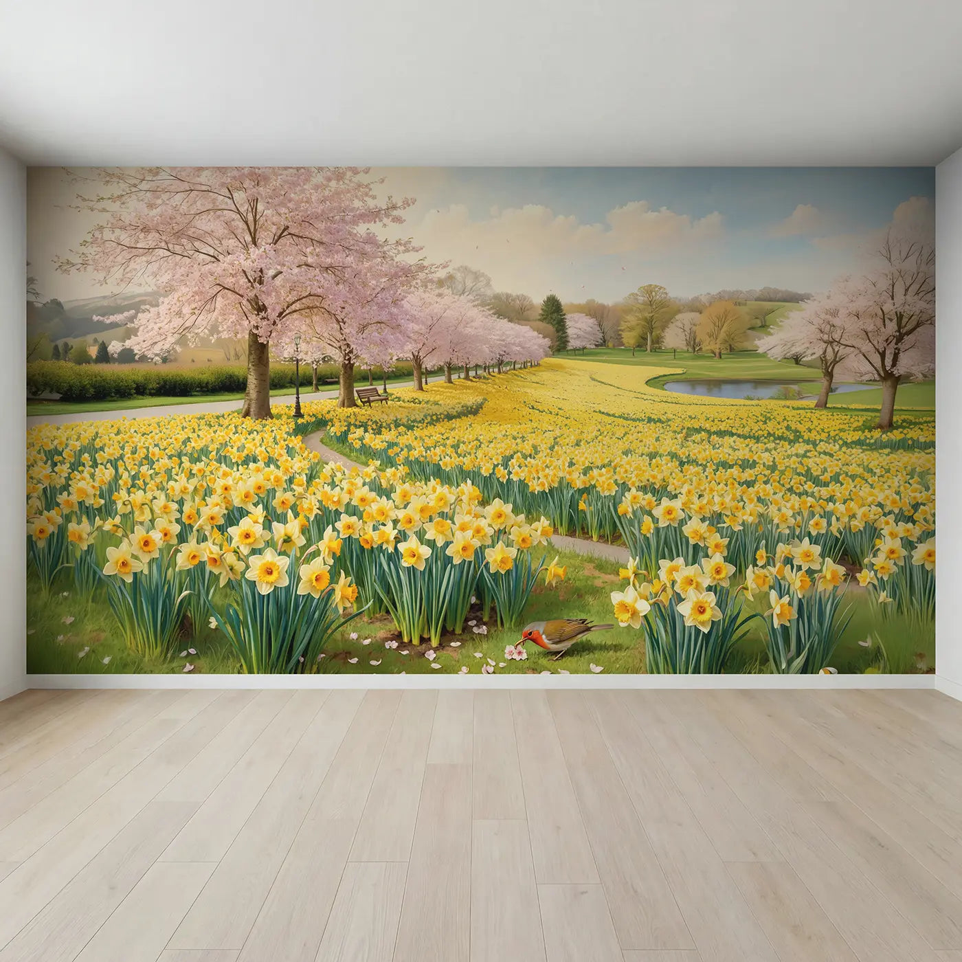 Full view of Cherry Blossom Daffodil Hill Wallpaper Mural by Whimsy Tots