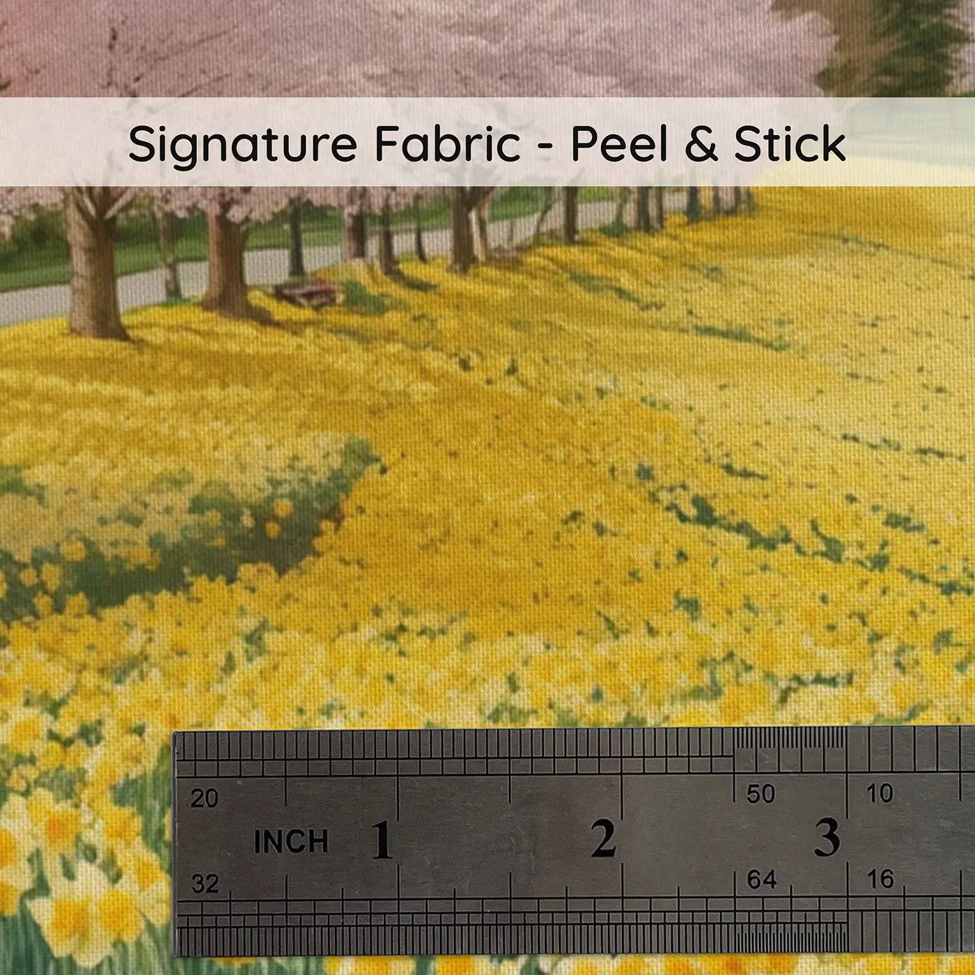 Fabric texture close-up of Cherry Blossom Daffodil Hill Wallpaper Mural by Whimsy Tots