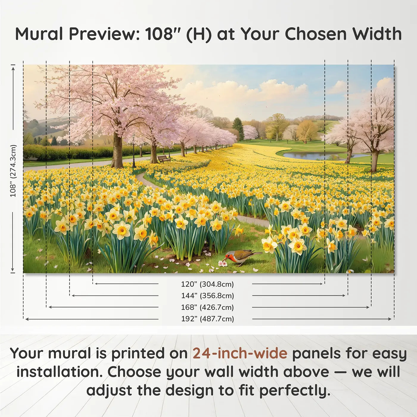 Panel layout and dimensions for Cherry Blossom Daffodil Hill Wallpaper Mural by Whimsy Tots