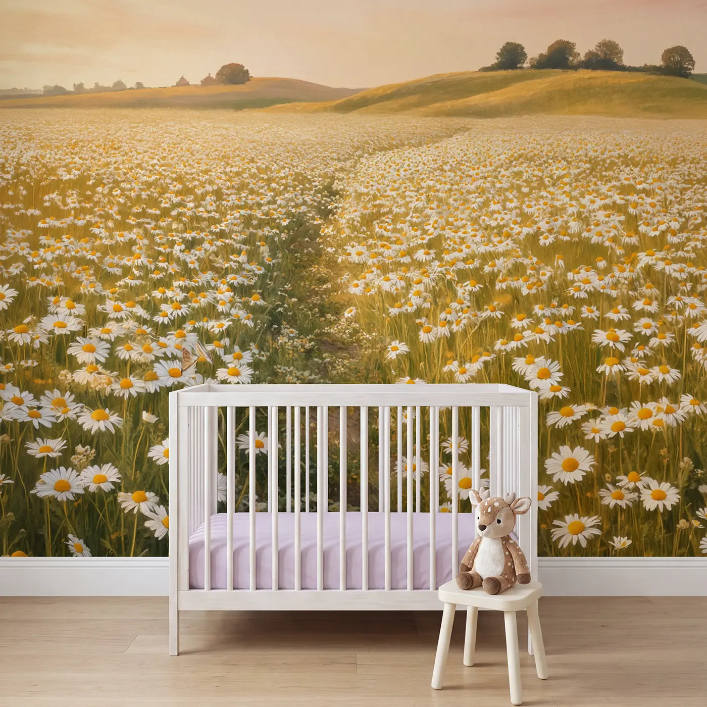 soft pastel chamomile field golden hills wallpaper mural for girls nursery by Whimsy Tots