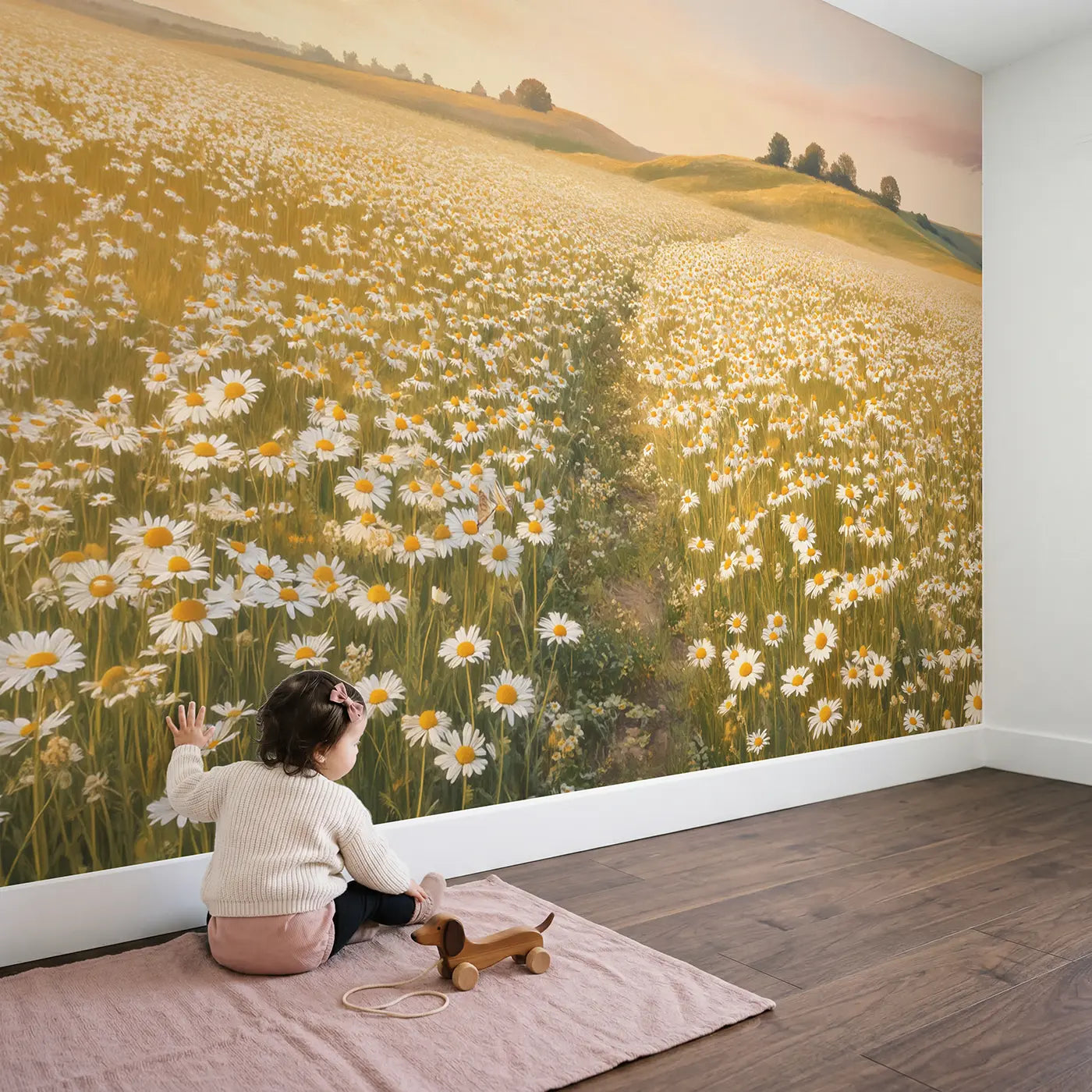 Child in nursery with Chamomile Field Golden Hills Wallpaper Mural by Whimsy Tots