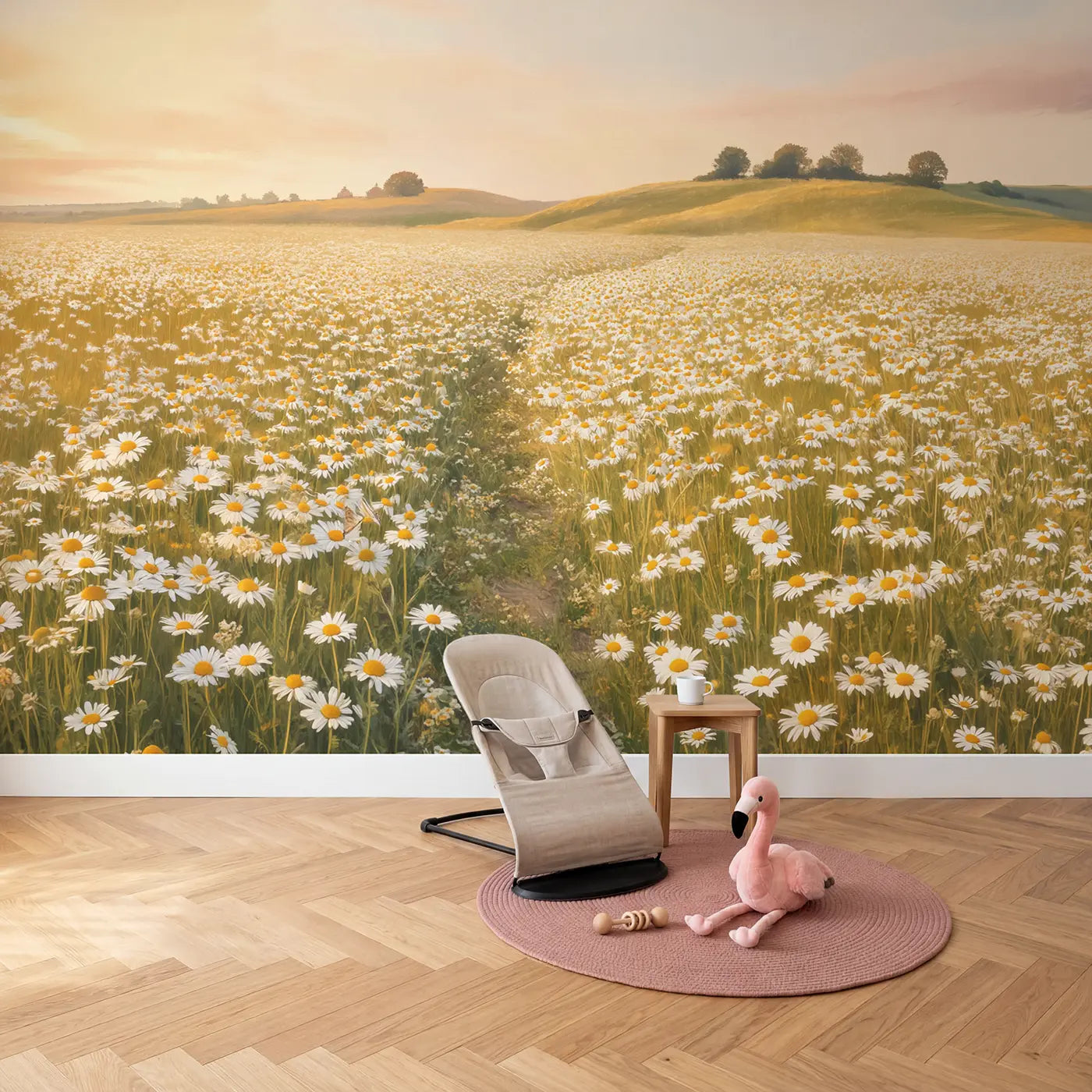 Chamomile Field Golden Hills Wallpaper Mural in playroom setting by Whimsy Tots