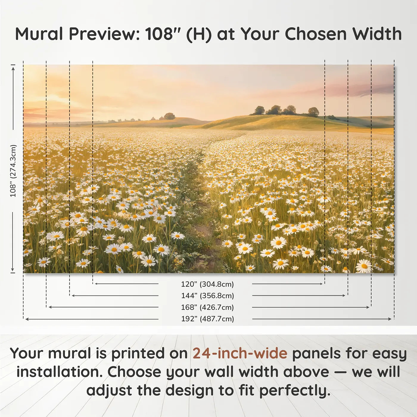 Panel layout and dimensions for Chamomile Field Golden Hills Wallpaper Mural by Whimsy Tots