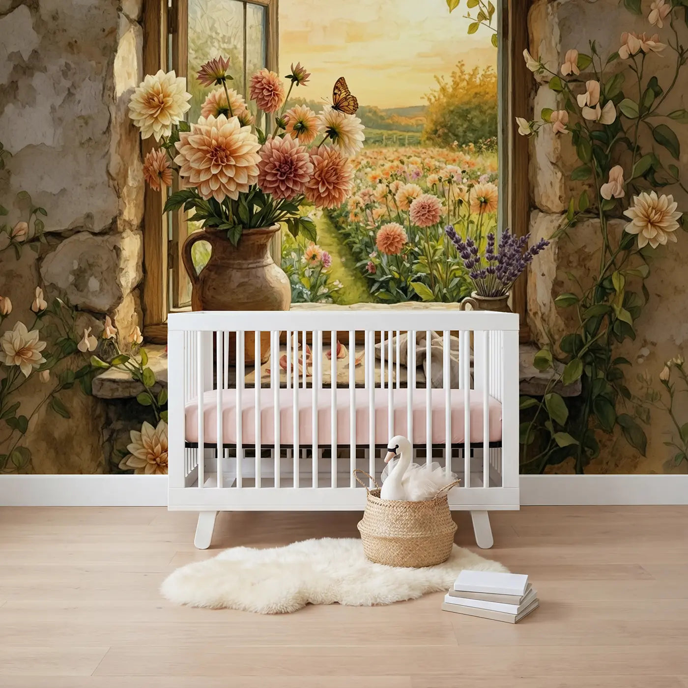 Storybook dahlia windowsill cottage wallpaper mural for girls nursery by Whimsy Tots