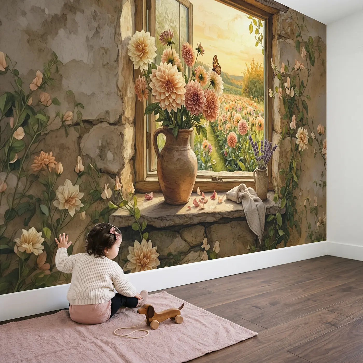 Child in nursery with Golden Dahlia Windowsill Wallpaper Mural by Whimsy Tots