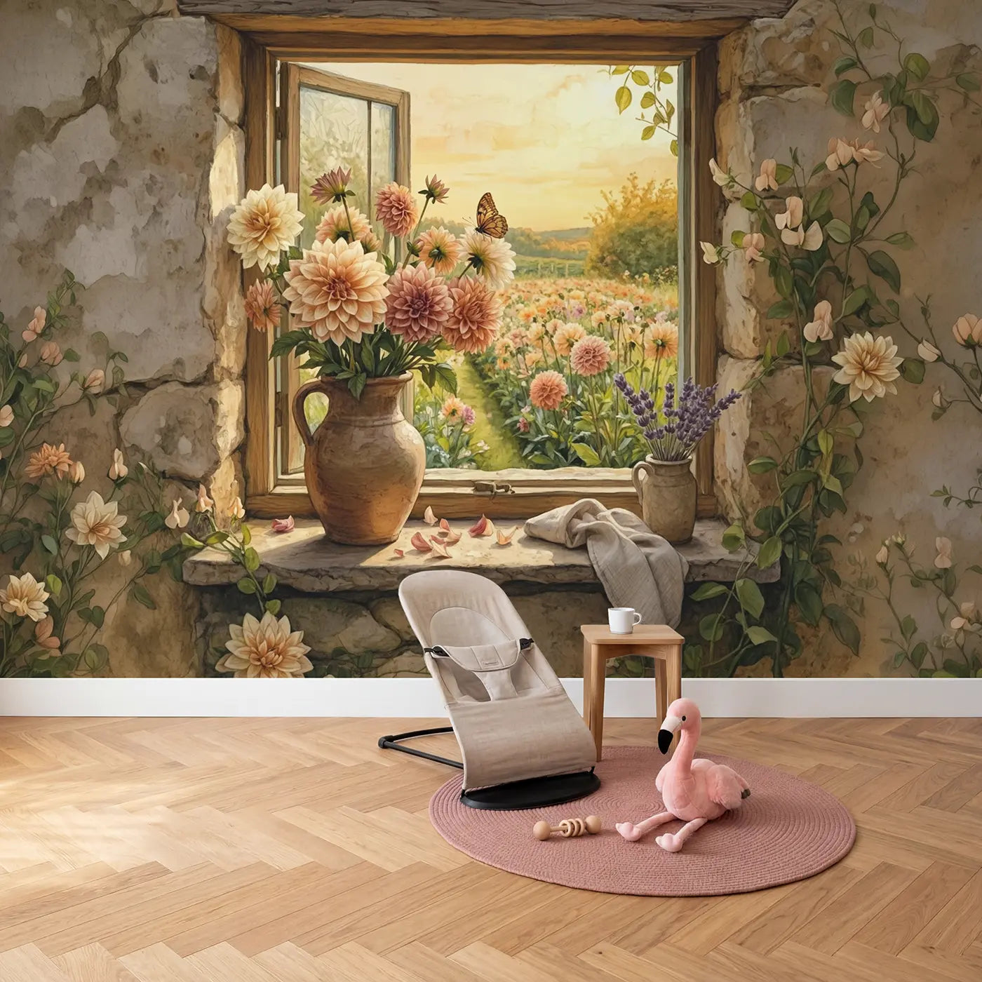 Golden Dahlia Windowsill Wallpaper Mural in playroom setting by Whimsy Tots