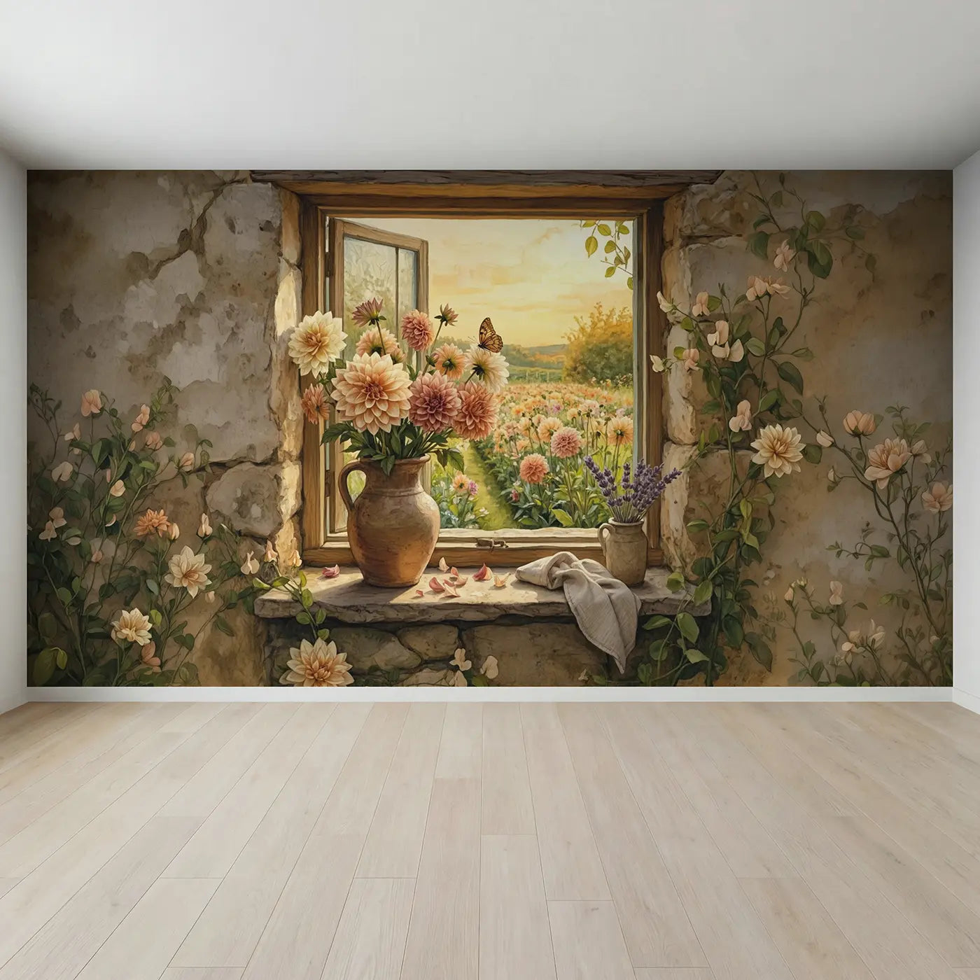 Full view of Golden Dahlia Windowsill Wallpaper Mural by Whimsy Tots