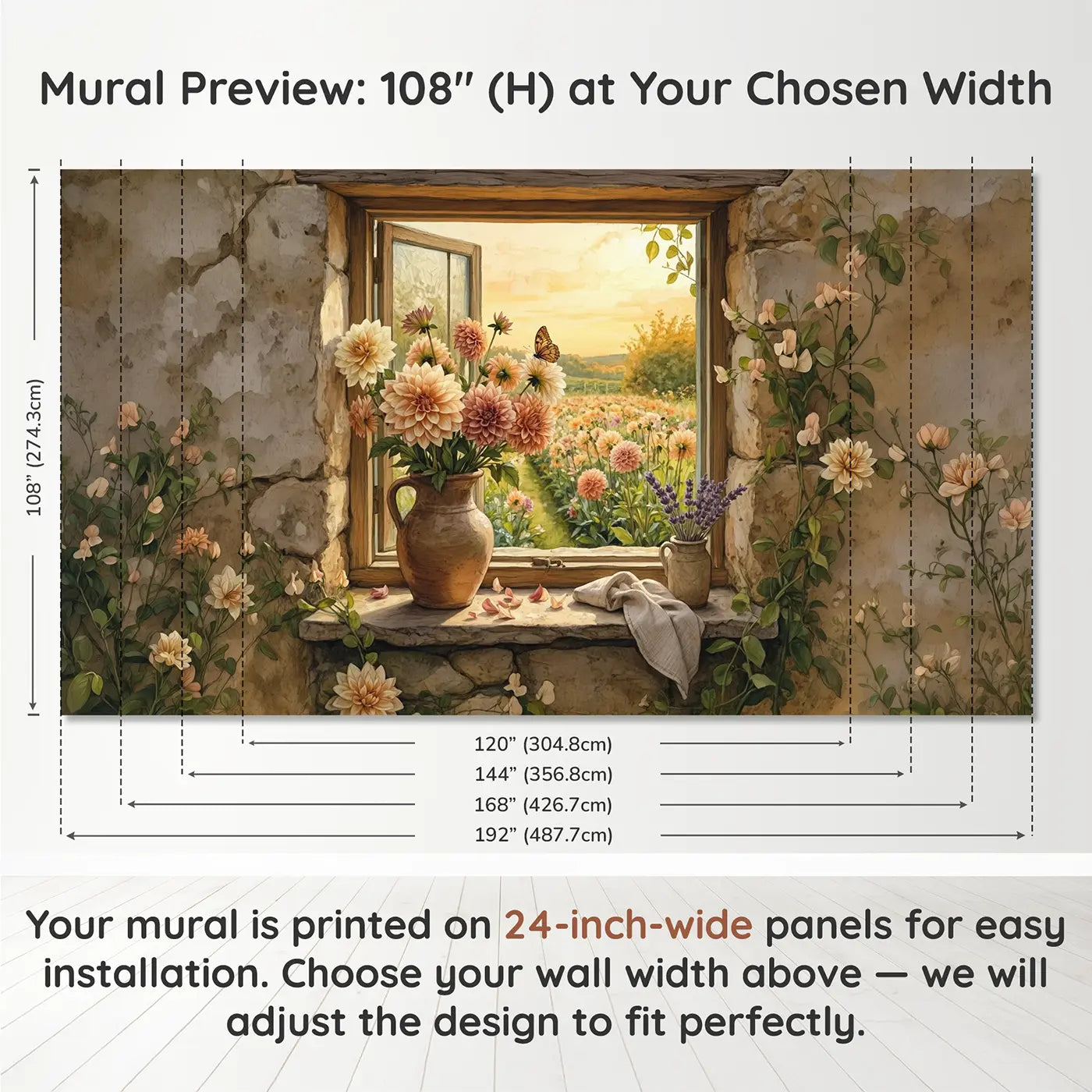 Panel layout and dimensions for Golden Dahlia Windowsill Wallpaper Mural by Whimsy Tots