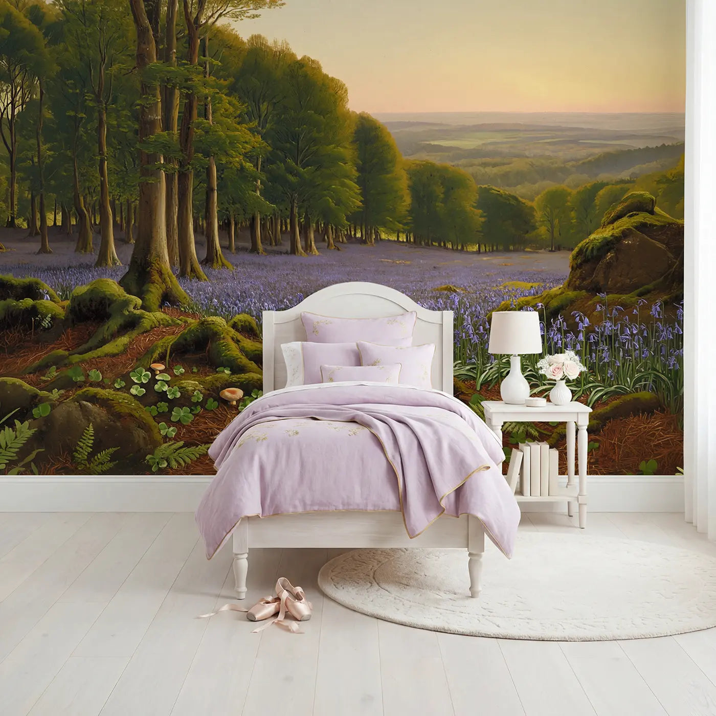 Painted landscape bluebell forest meadow wallpaper mural for girls room by Whimsy Tots