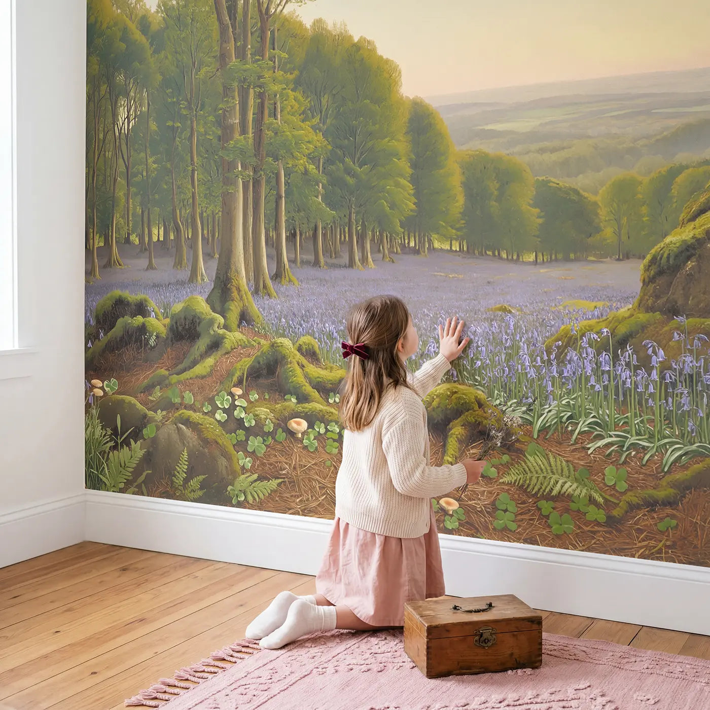 Child in nursery with Bluebell Wood Stretching Direction Wallpaper Mural by Whimsy Tots
