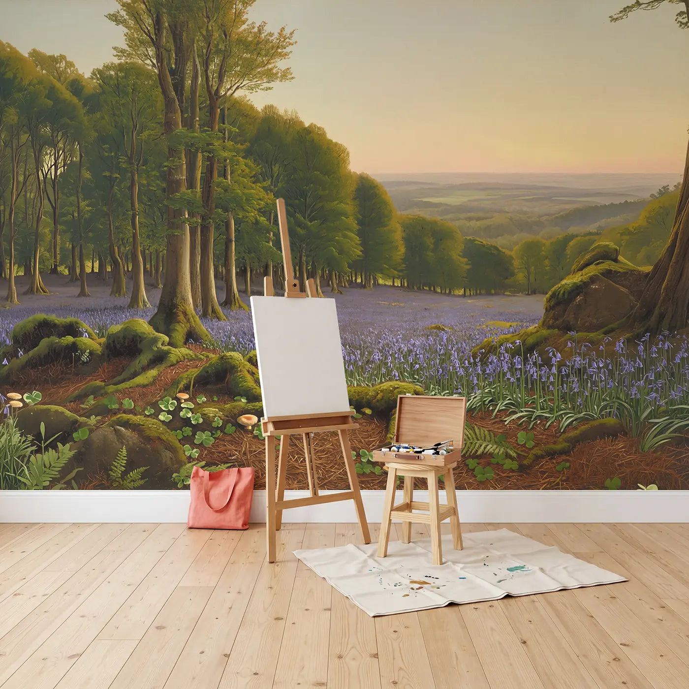 Bluebell Wood Stretching Direction Wallpaper Mural in playroom setting by Whimsy Tots