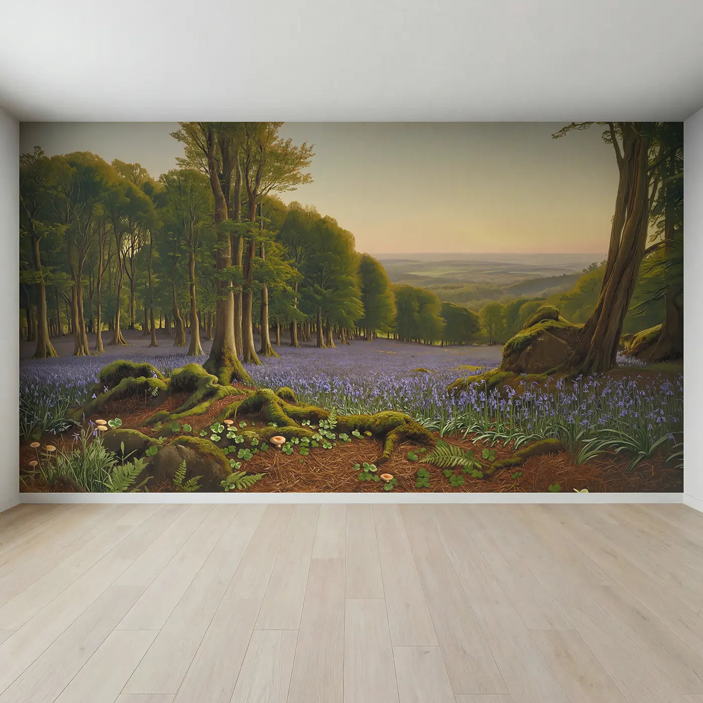 Full view of Bluebell Wood Stretching Direction Wallpaper Mural by Whimsy Tots