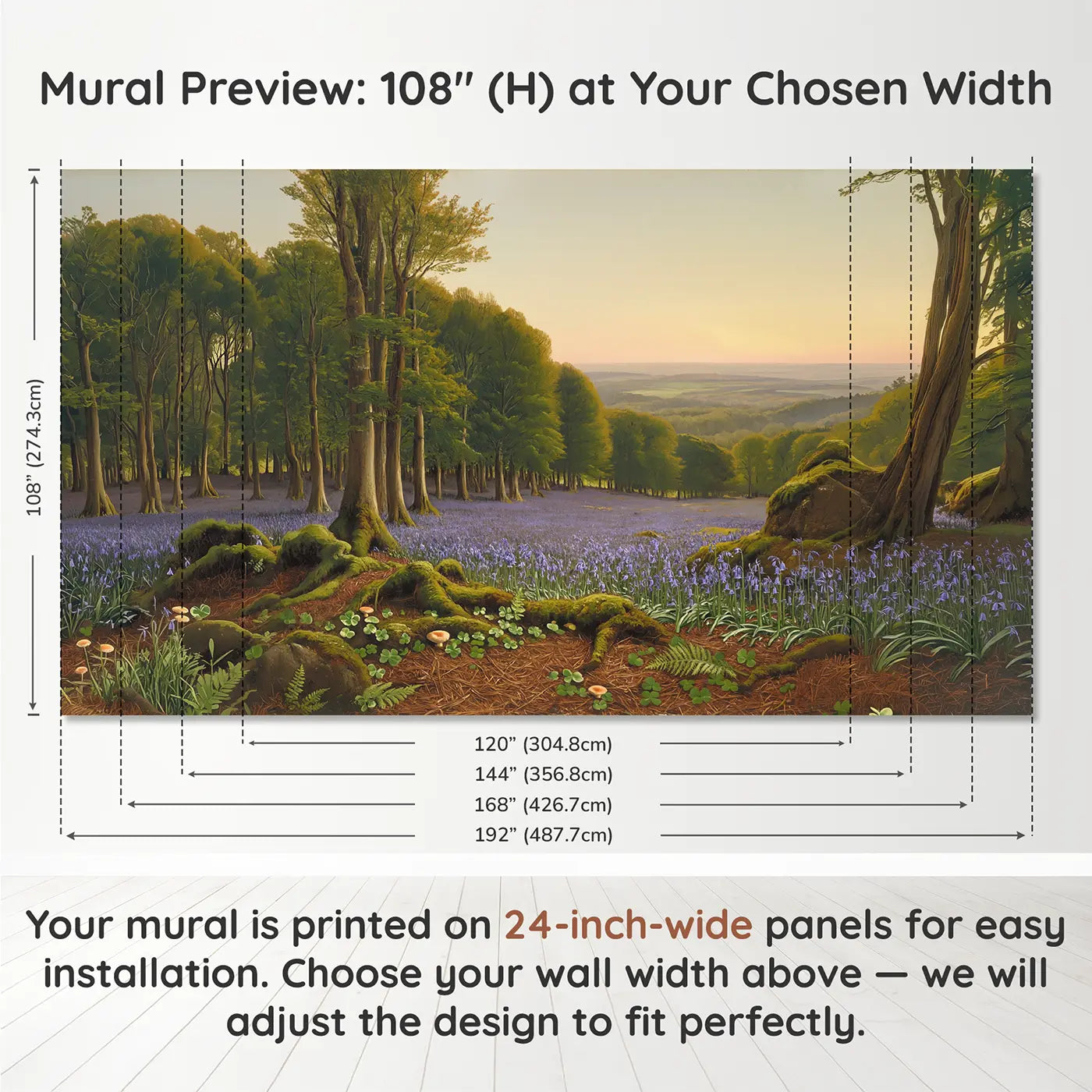 Panel layout and dimensions for Bluebell Wood Stretching Direction Wallpaper Mural by Whimsy Tots