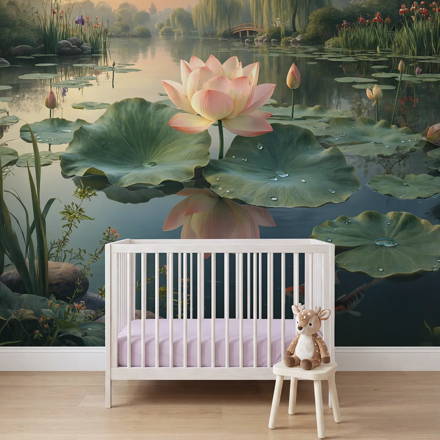 Botanical elegance lotus pond morning wallpaper mural for girls room by Whimsy Tots