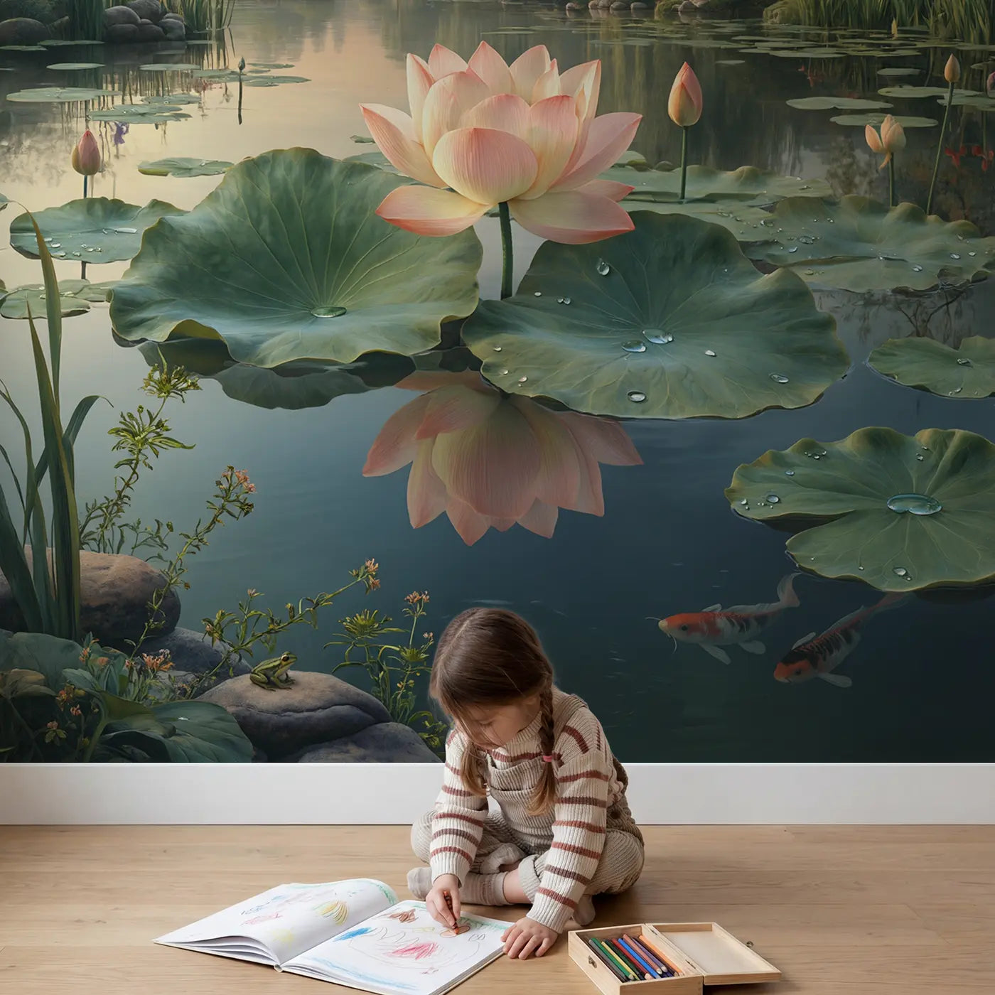 Child in nursery with Lotus Pond at Dawn Wallpaper Mural by Whimsy Tots
