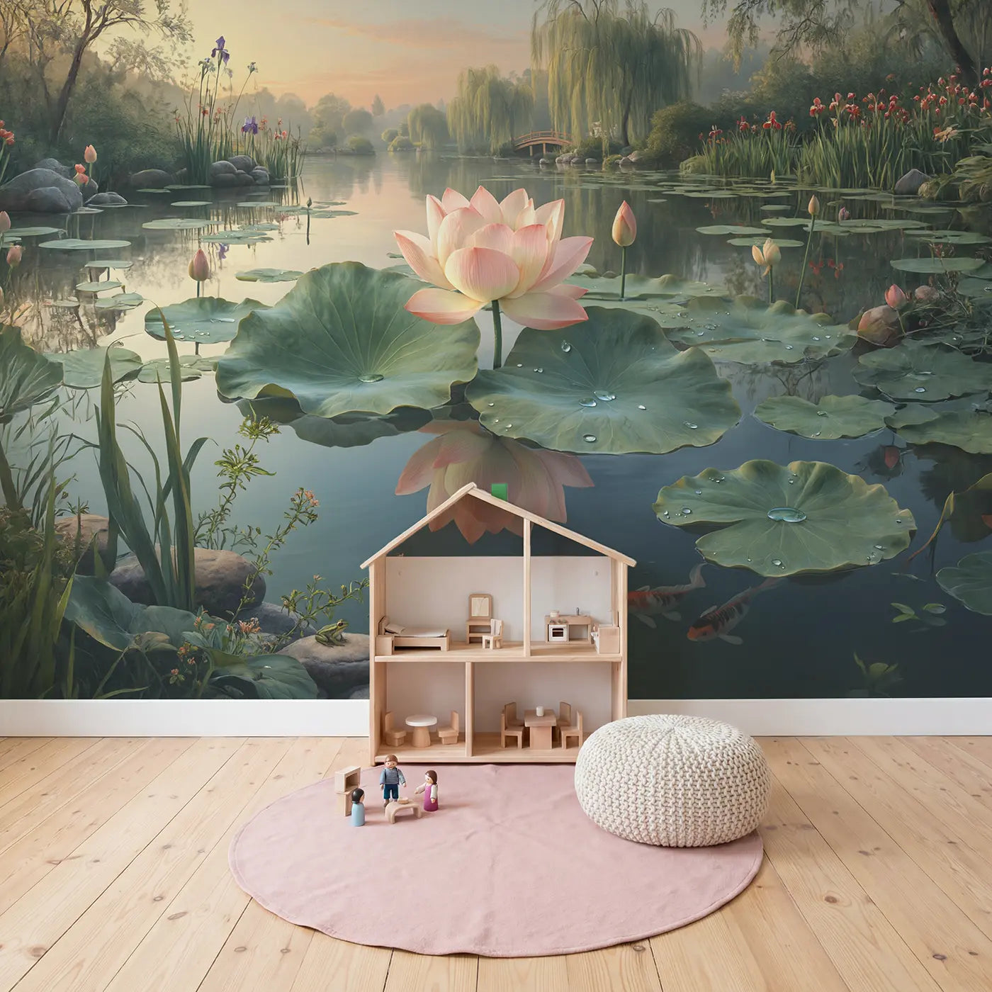Lotus Pond at Dawn Wallpaper Mural in playroom setting by Whimsy Tots