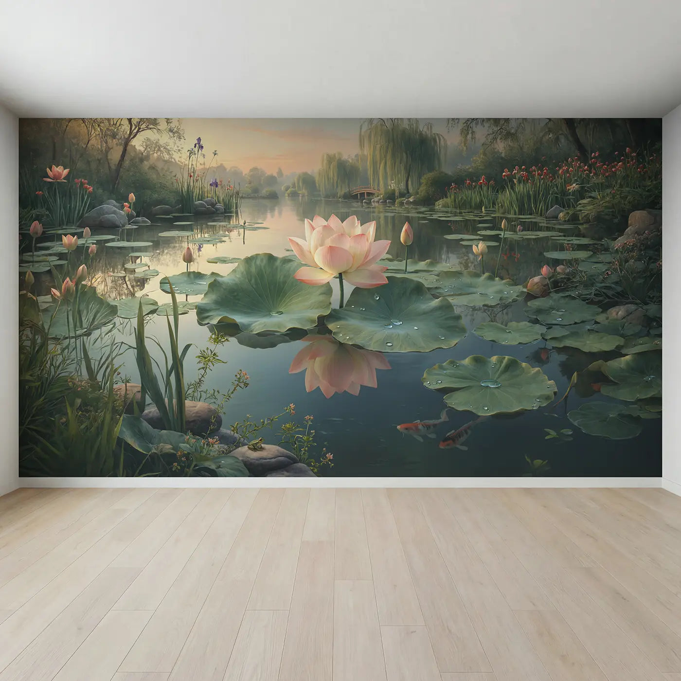 Full view of Lotus Pond at Dawn Wallpaper Mural by Whimsy Tots