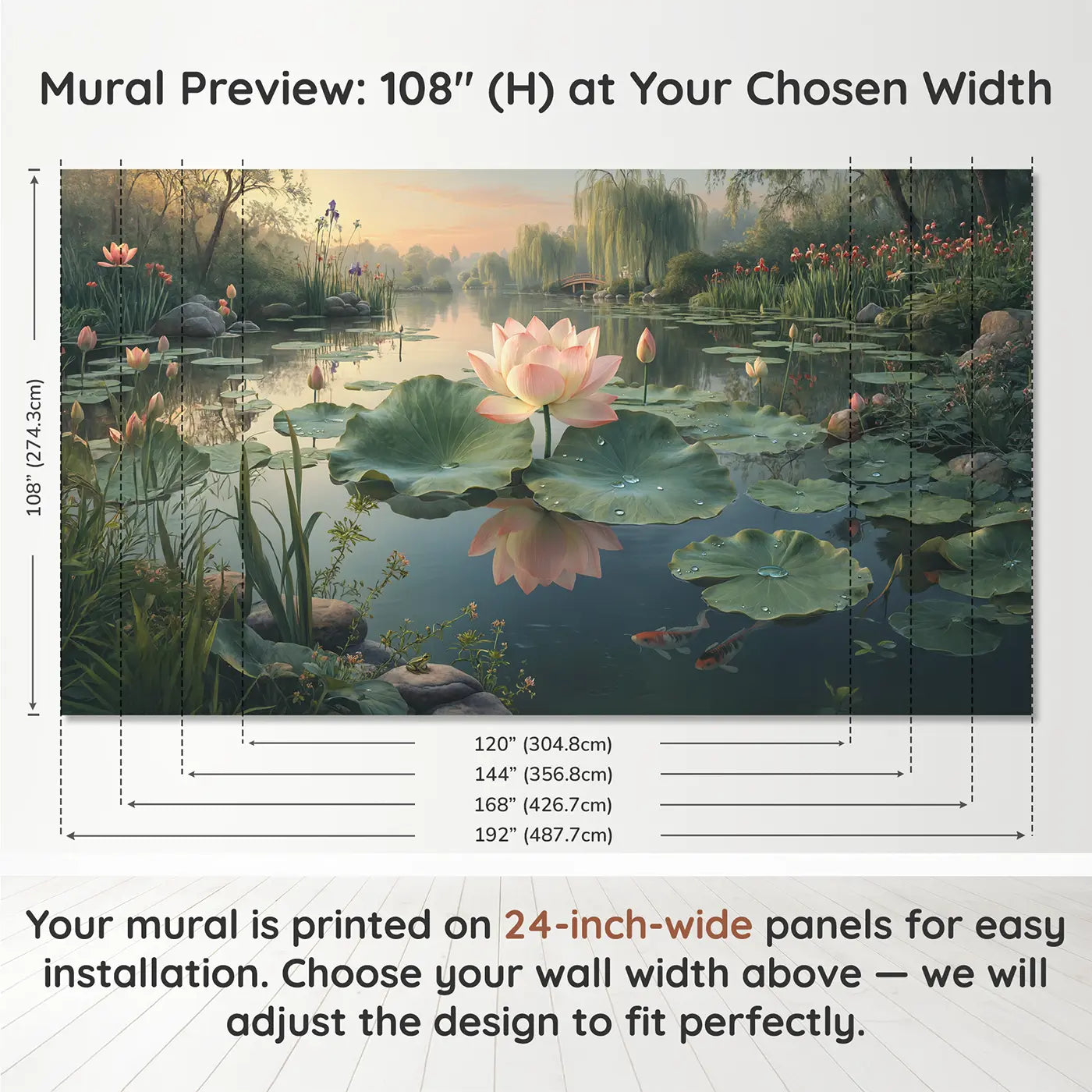 Panel layout and dimensions for Lotus Pond at Dawn Wallpaper Mural by Whimsy Tots