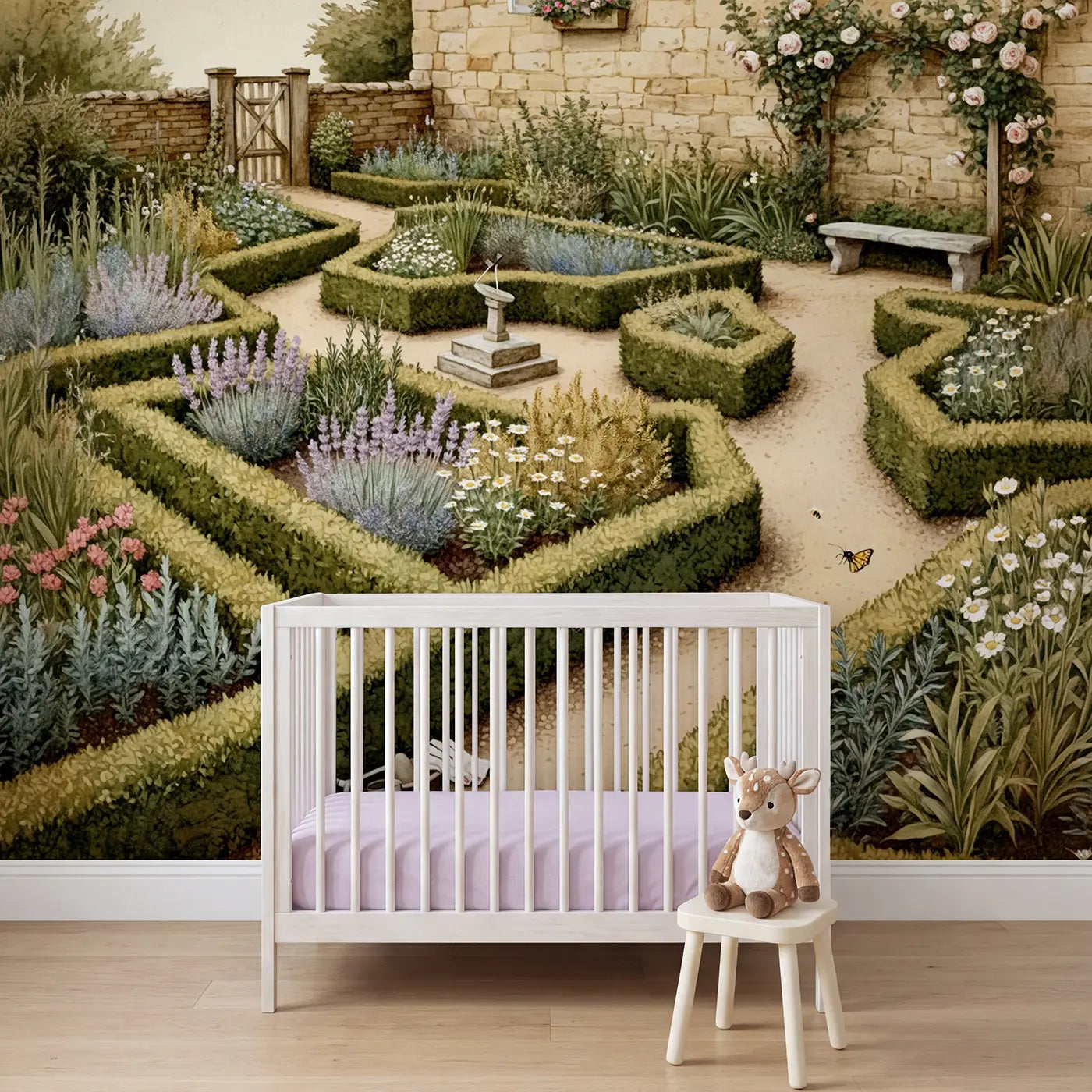Storybook lavender and rosemary meadow wallpaper mural for nursery by Whimsy Tots