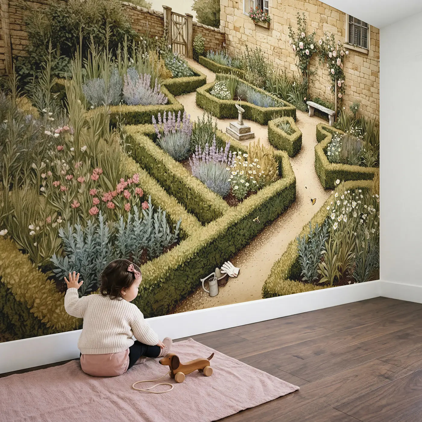 Child in nursery with Herb Garden Knot Pattern Wallpaper Mural by Whimsy Tots