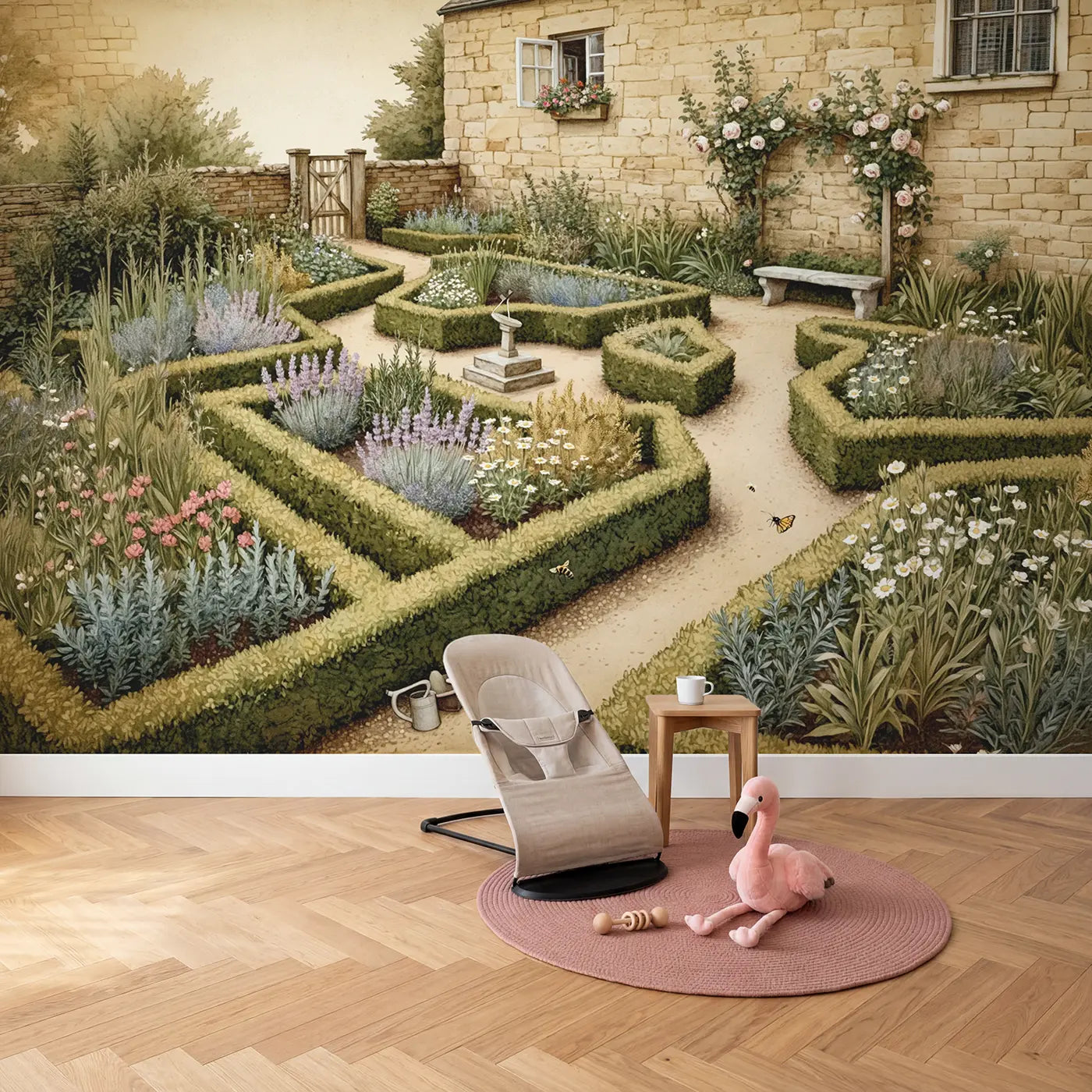 Herb Garden Knot Pattern Wallpaper Mural in playroom setting by Whimsy Tots
