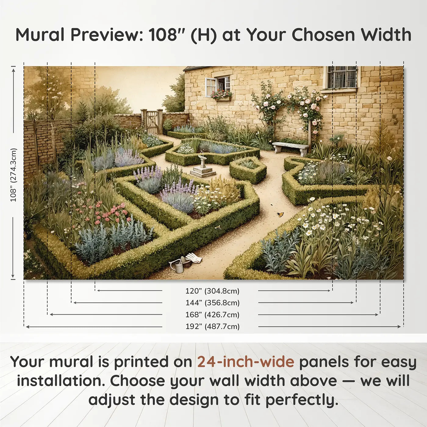 Panel layout and dimensions for Herb Garden Knot Pattern Wallpaper Mural by Whimsy Tots