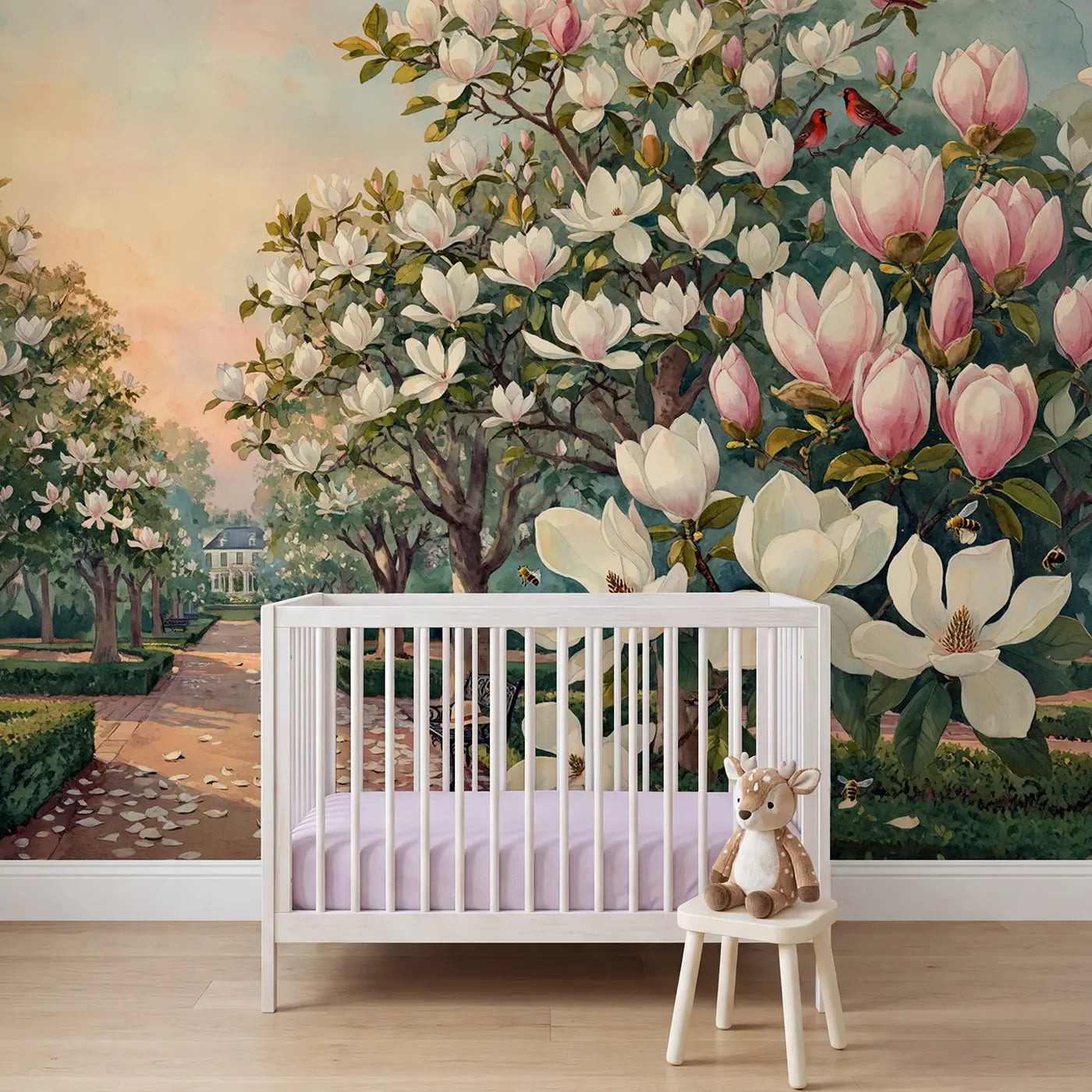 watercolor magnolia grove southern garden mural for girls room by Whimsy Tots