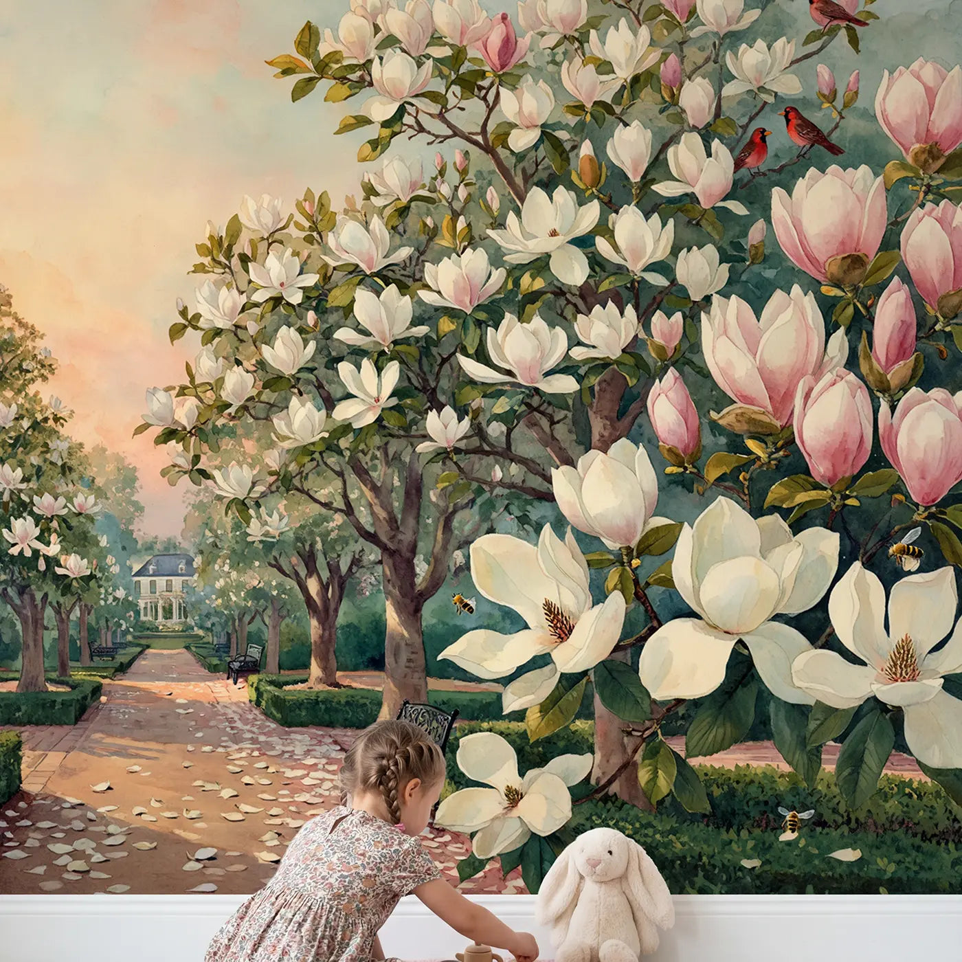 Child in nursery with Magnolia Grove Southern Garden Wallpaper Mural by Whimsy Tots