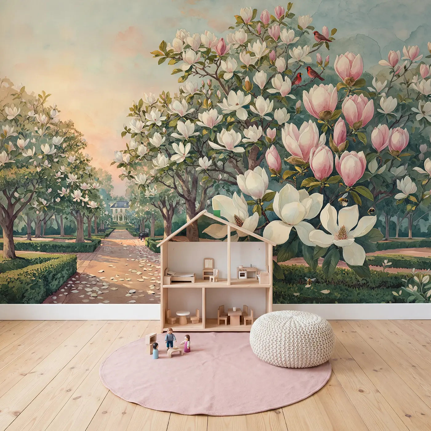 Magnolia Grove Southern Garden Wallpaper Mural in playroom setting by Whimsy Tots