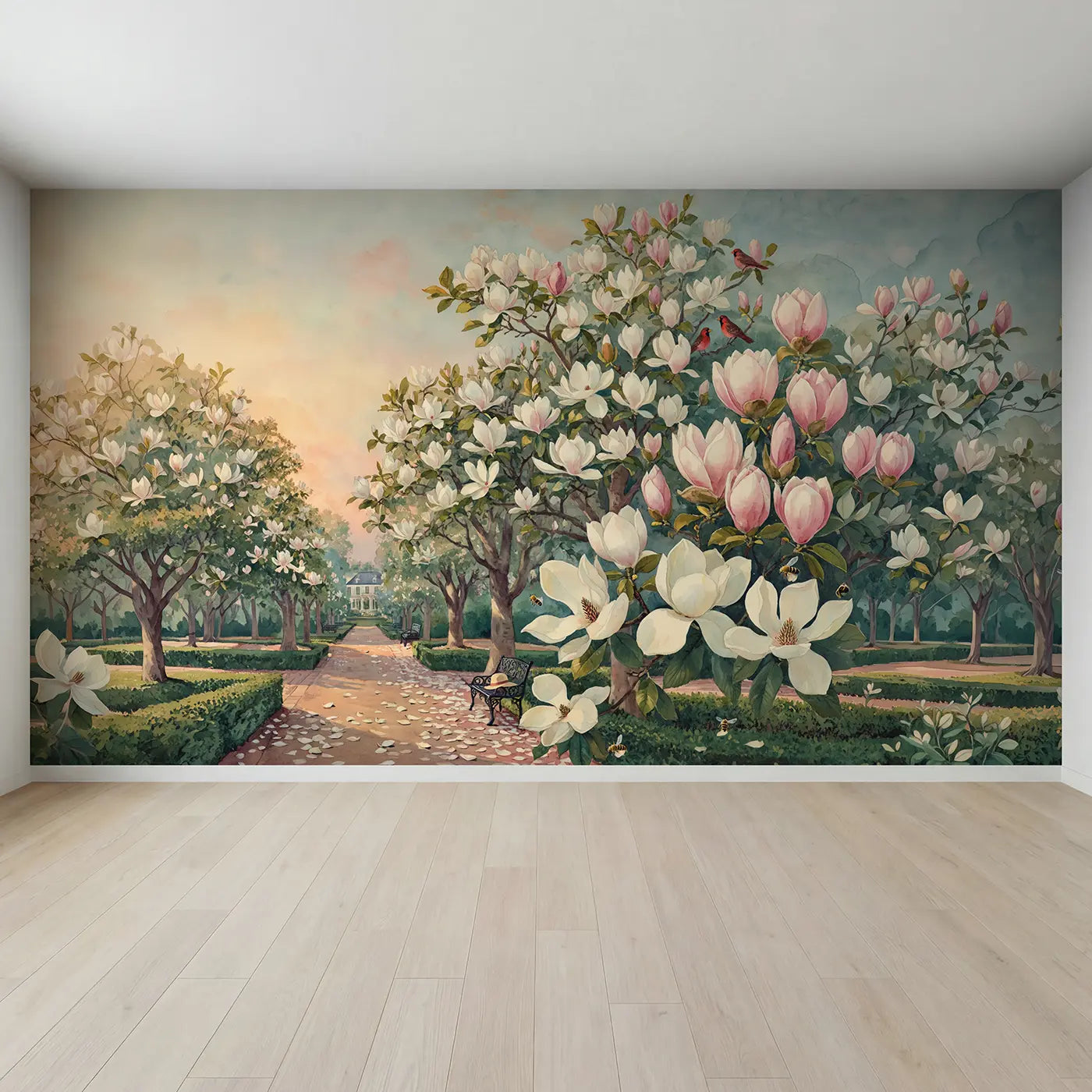 Full view of Magnolia Grove Southern Garden Wallpaper Mural by Whimsy Tots