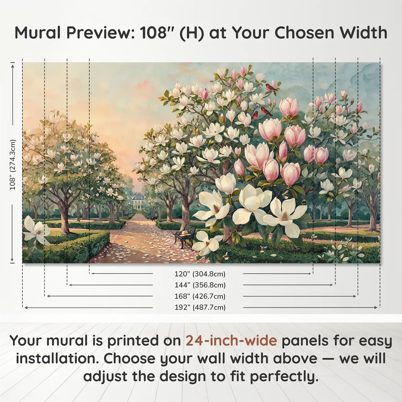 Panel layout and dimensions for Magnolia Grove Southern Garden Wallpaper Mural by Whimsy Tots