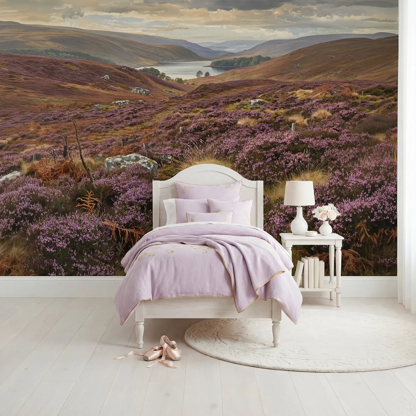 Botanical elegance highland heather moorland wallpaper mural for girls room by Whimsy Tots