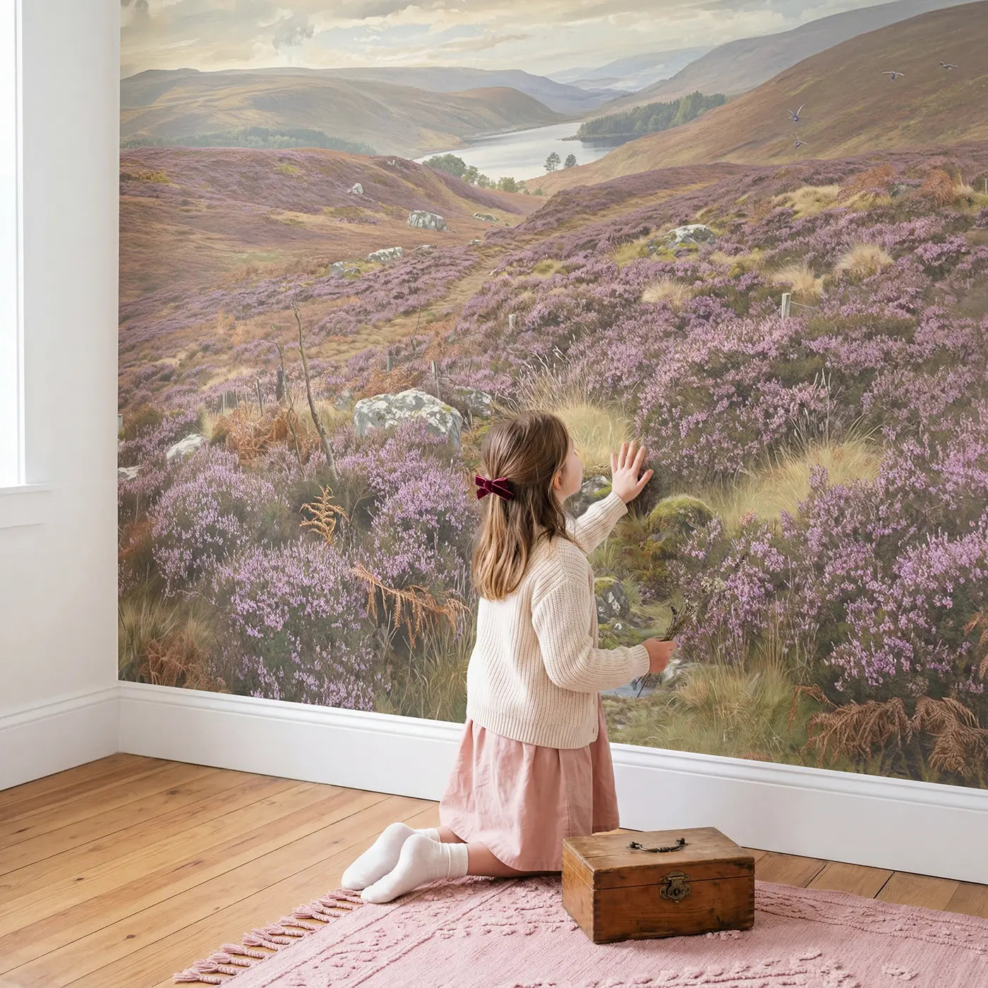 Child in nursery with Highland Heather Moorland Wallpaper Mural by Whimsy Tots