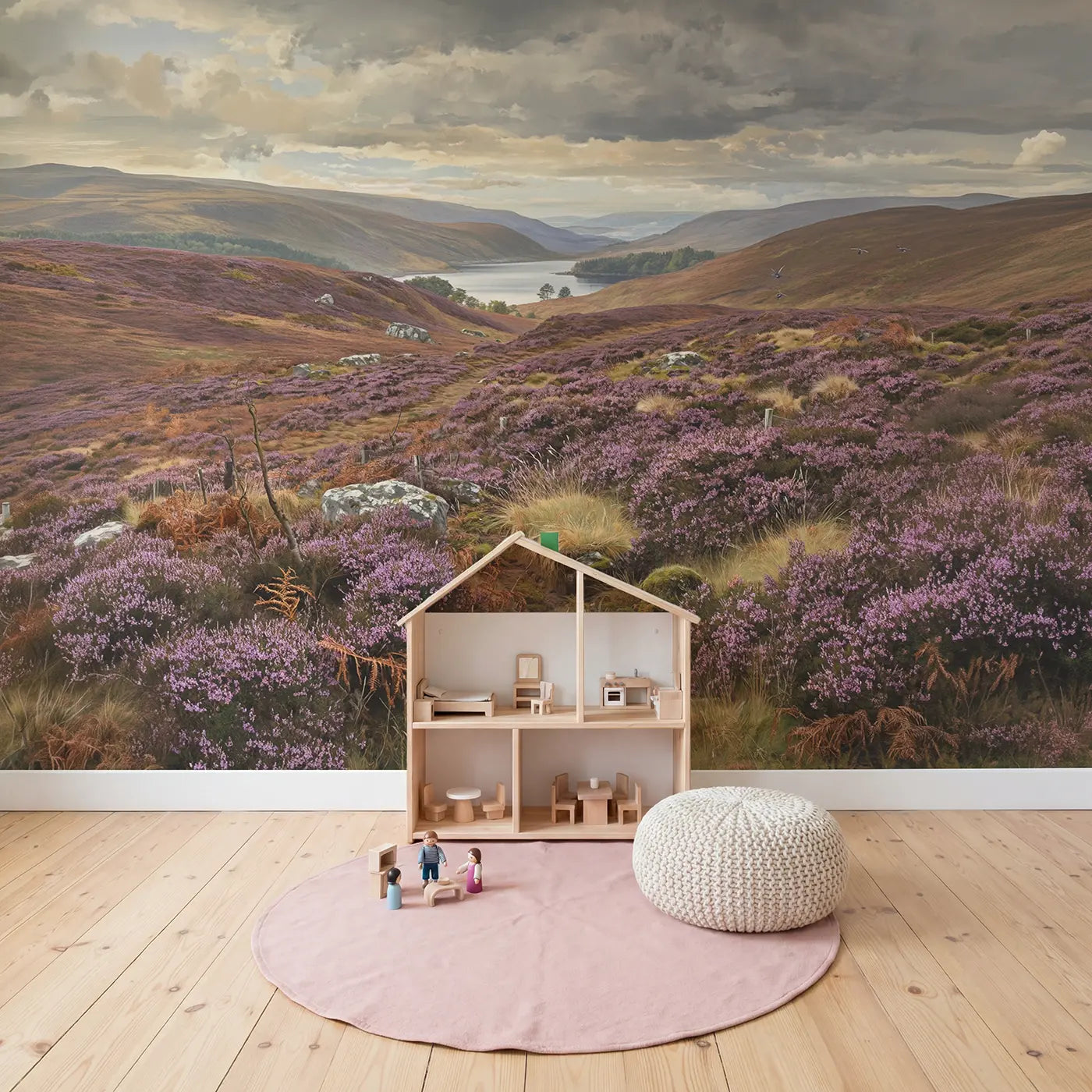 Highland Heather Moorland Wallpaper Mural in playroom setting by Whimsy Tots