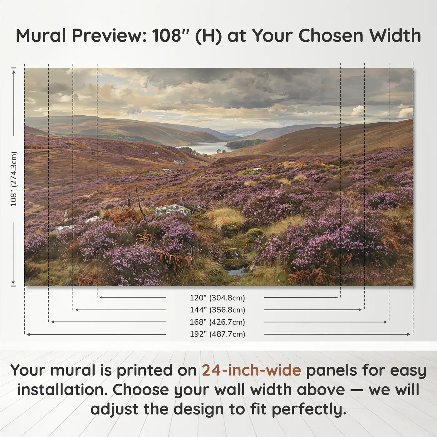 Panel layout and dimensions for Highland Heather Moorland Wallpaper Mural by Whimsy Tots