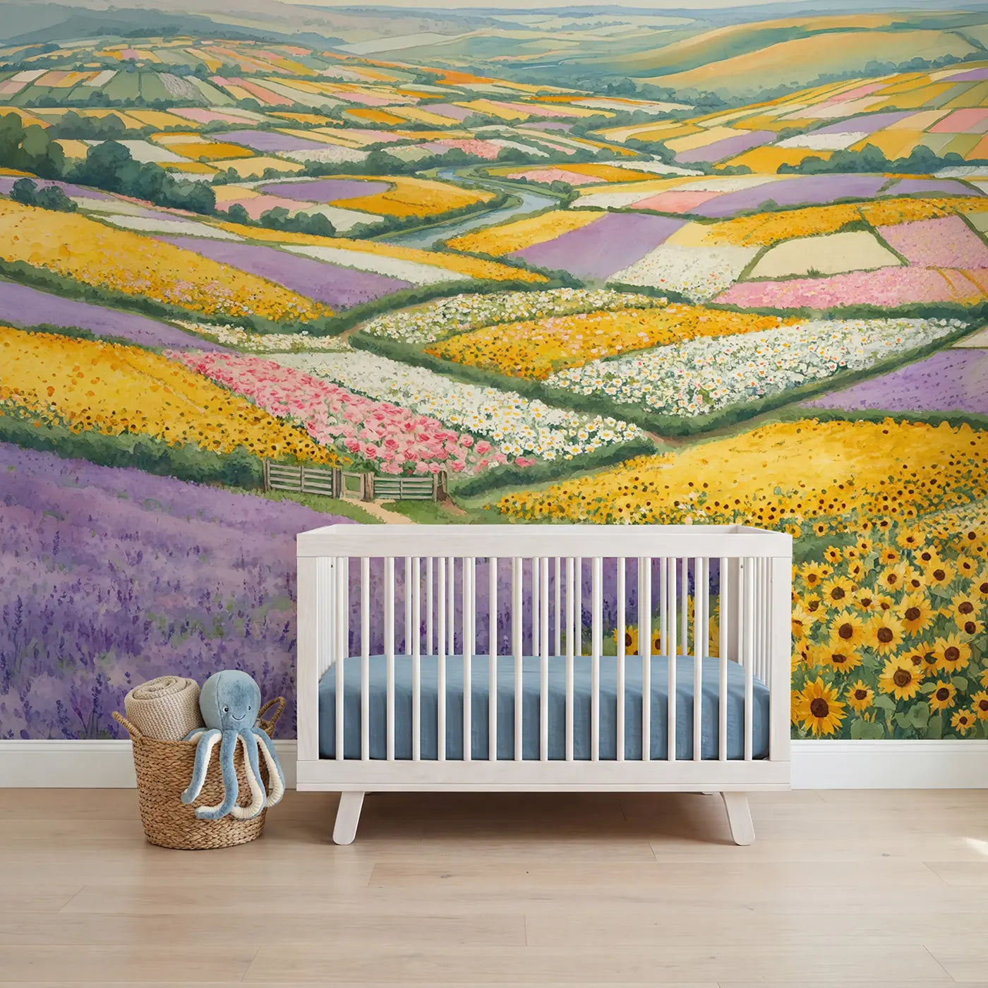 Watercolor flower field patchwork countryside wallpaper mural for nursery by Whimsy Tots