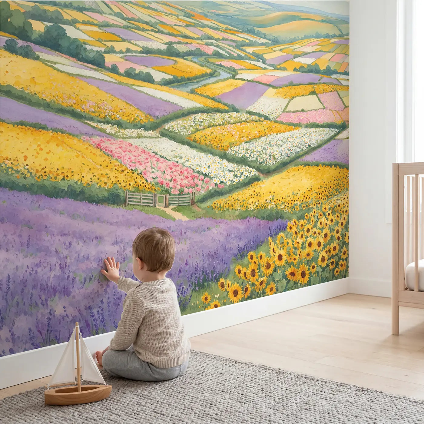 Child in nursery with Flower Field Patchwork Countryside Wallpaper Mural by Whimsy Tots