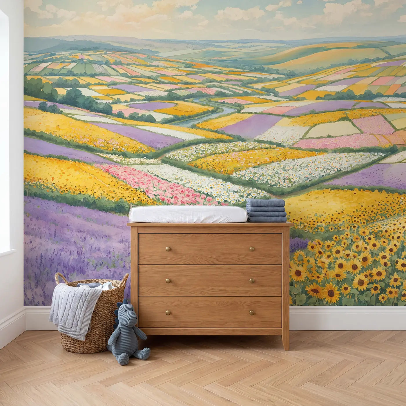 Flower Field Patchwork Countryside Wallpaper Mural in playroom setting by Whimsy Tots