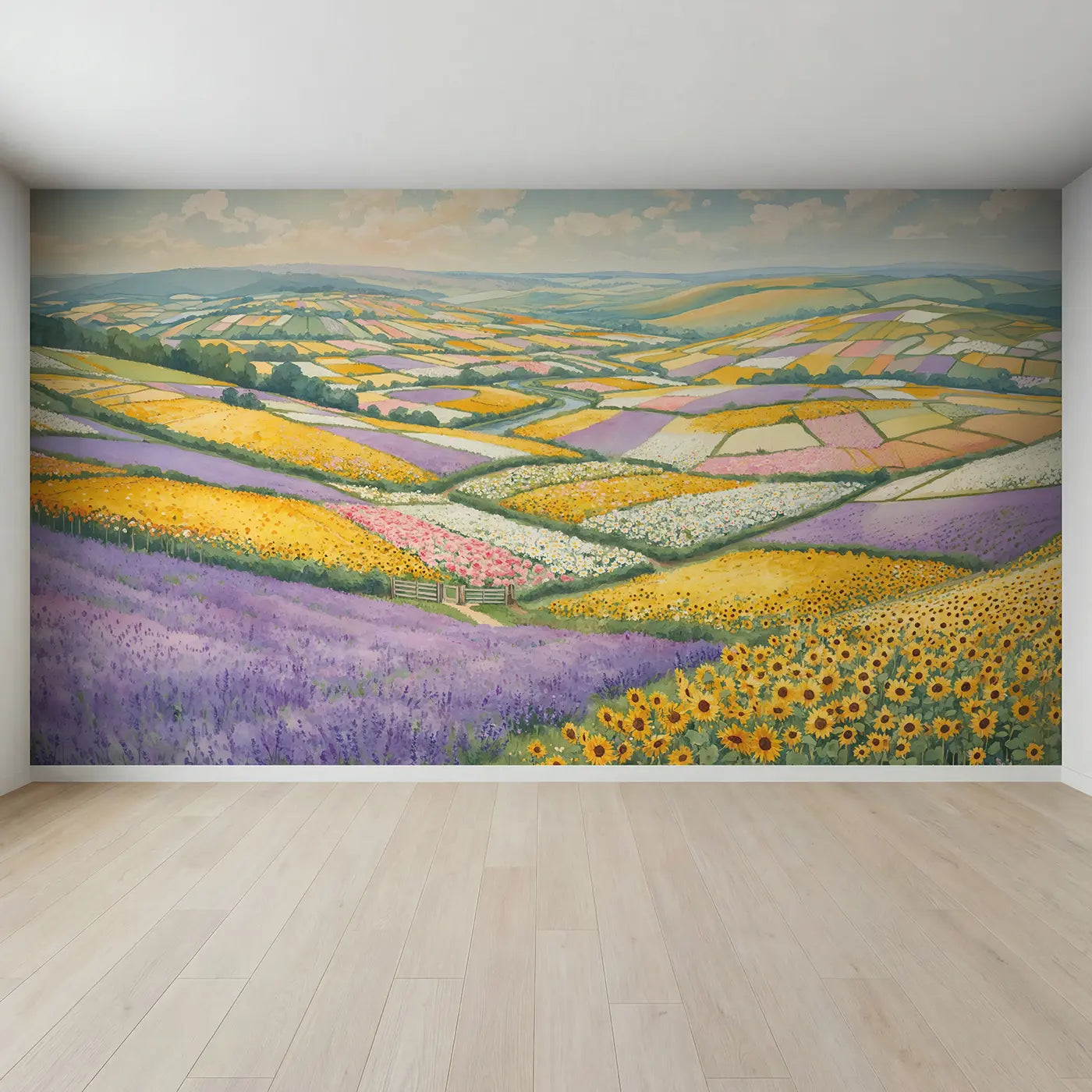 Full view of Flower Field Patchwork Countryside Wallpaper Mural by Whimsy Tots