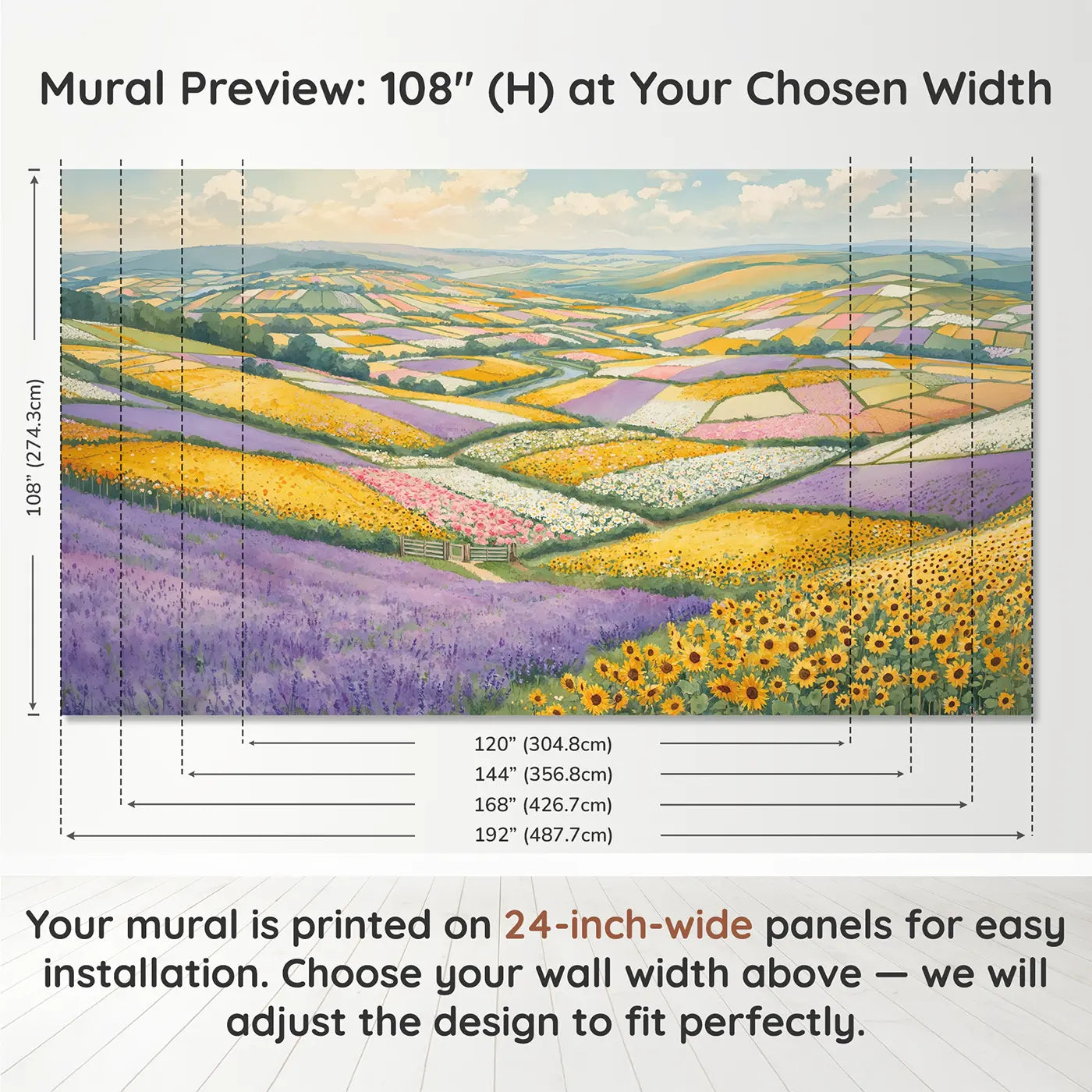 Panel layout and dimensions for Flower Field Patchwork Countryside Wallpaper Mural by Whimsy Tots