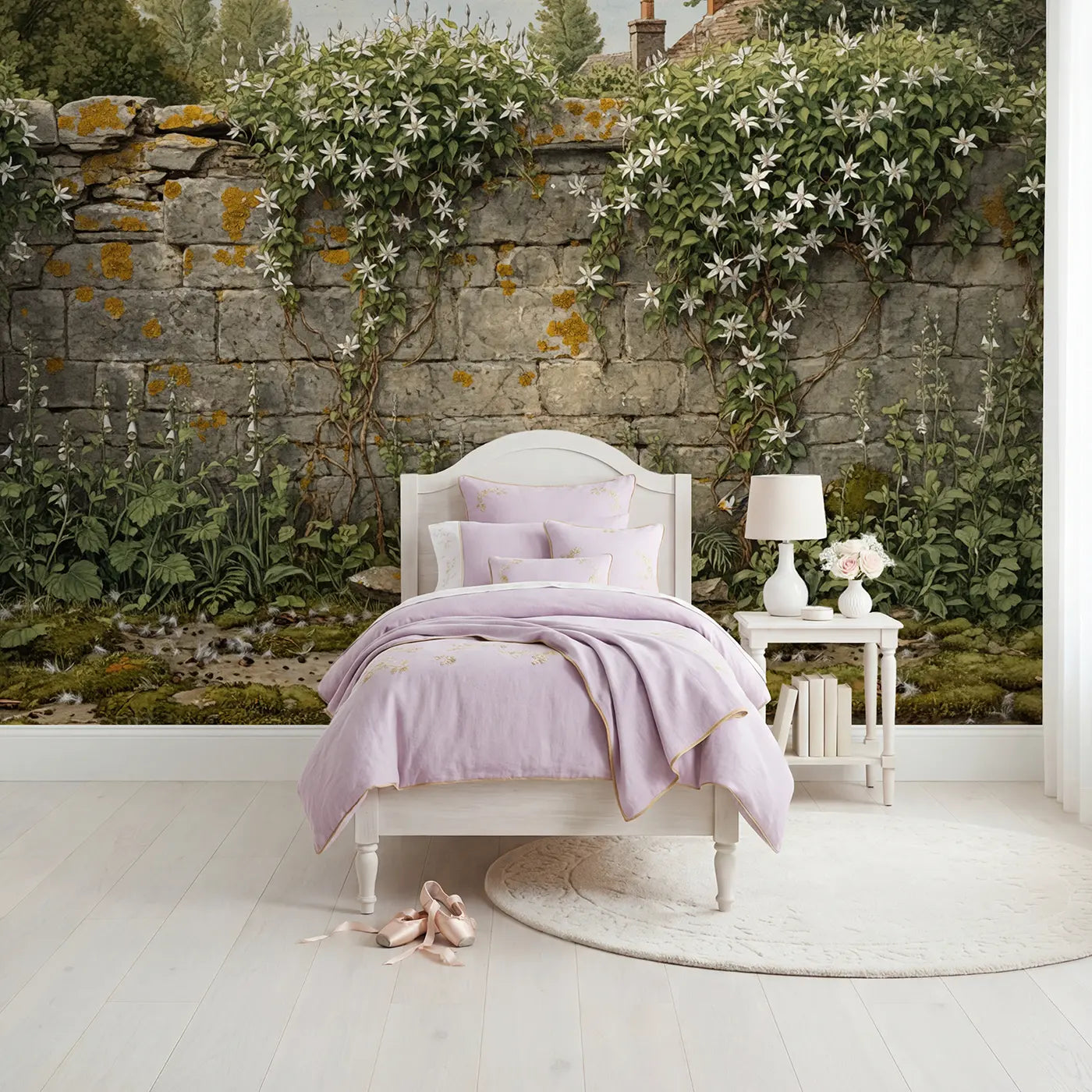 Storybook clematis stone wall cottage garden wallpaper mural for girls room by Whimsy Tots